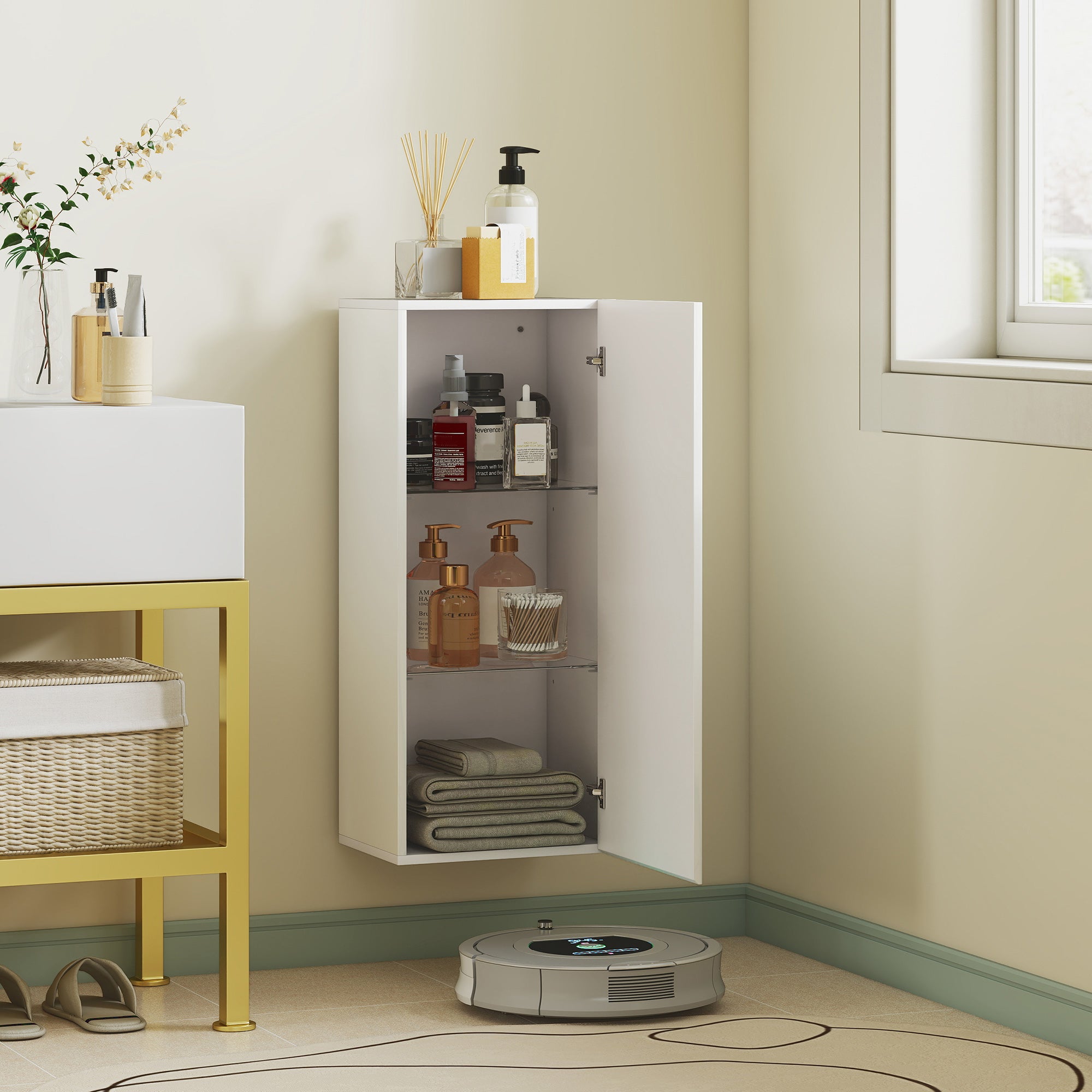 Wall-Mounted Bathroom Cabinet, Handleless Door, 2 Adjustable Tempered Glass Shelves, 11.8 x 9.2 x 28.0 in (30 x 23.4 x 71.2 cm), Glossy White