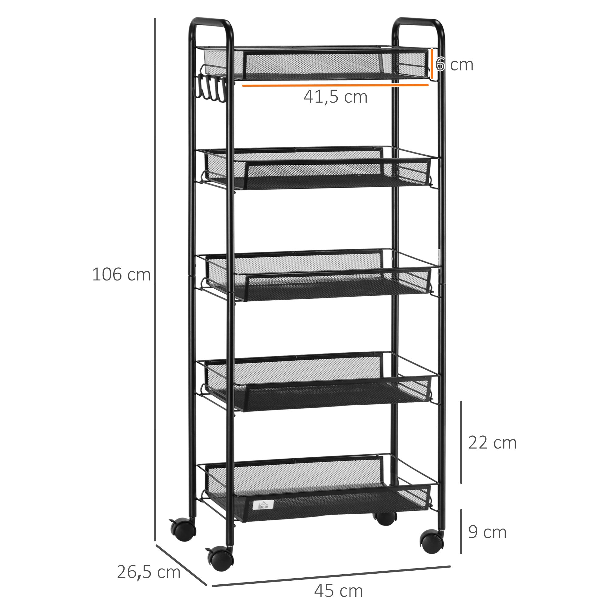 Serving Trolley with 3 Levels Kitchen Trolley with Removable Basket Hooks Handle Rolling Cart with Utility Cart Kitchen Shelf with Wheels for Kitchen Office Bathroom, Steel, Black