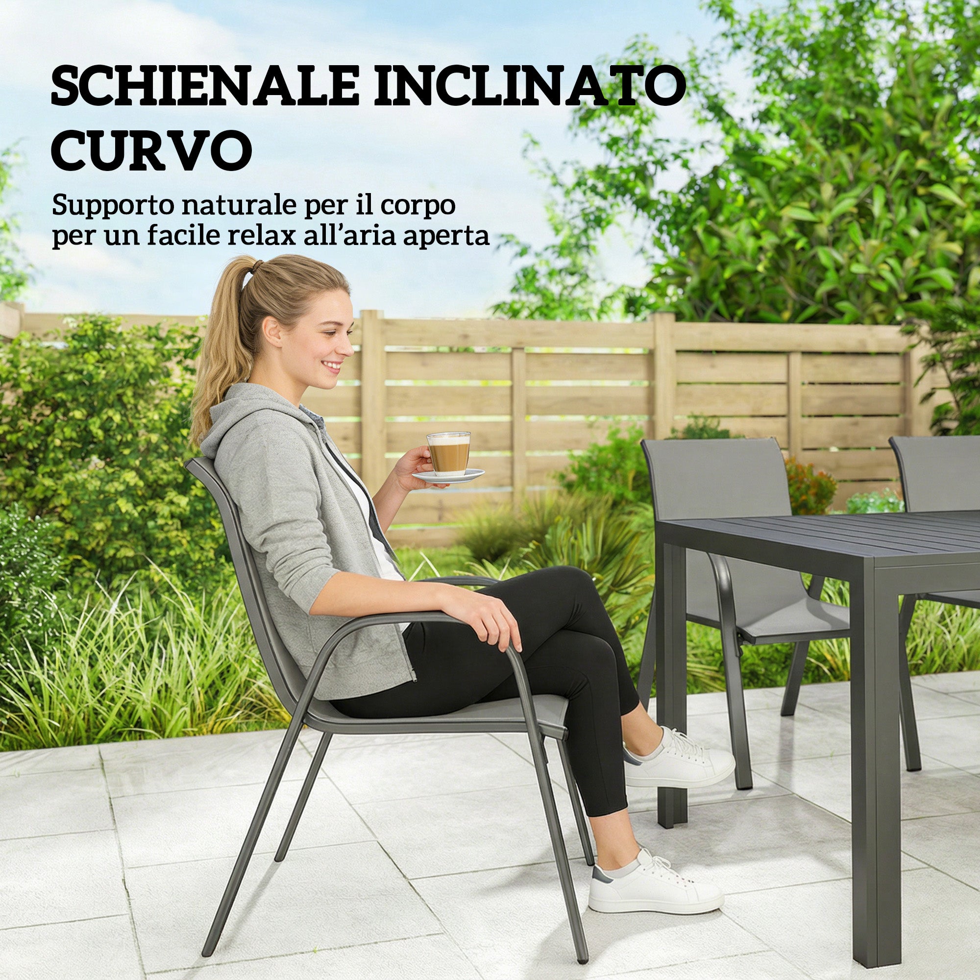 7-Piece Garden Dining Set — Rectangular Table with 6 Stackable Textilene Chairs, Light Gray
