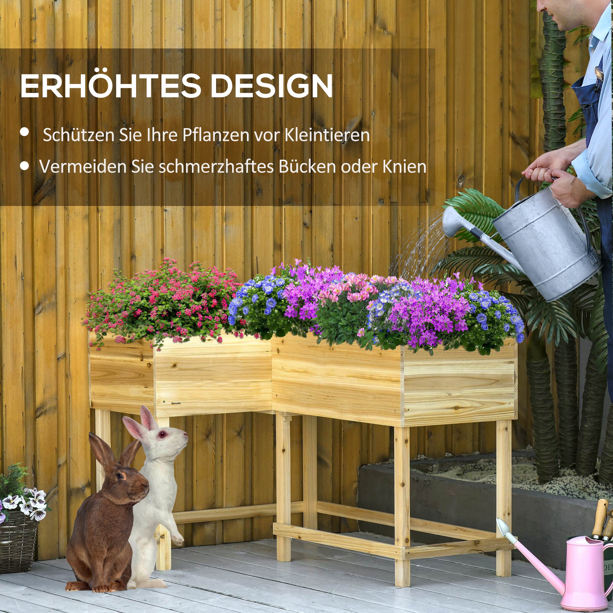 Raised Garden Bed Wood Planter Box with Irrigation System Fabric Flower Box Flower Pot Herb Bed Natural 122 x 91 x 81 cm