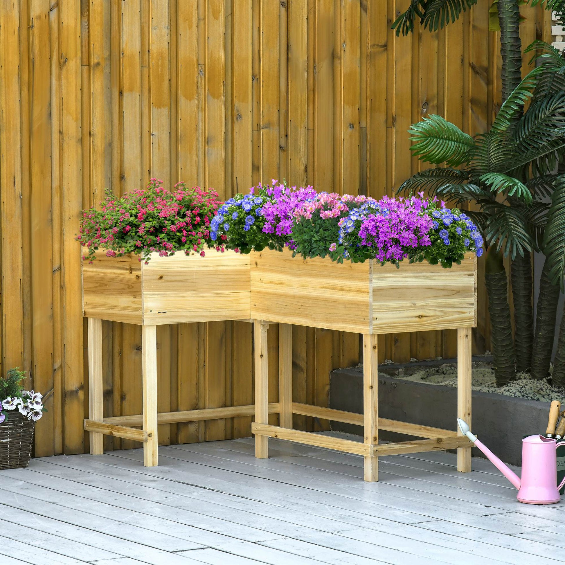 Raised Garden Bed Wood Planter Box with Irrigation System Fabric Flower Box Flower Pot Herb Bed Natural 122 x 91 x 81 cm