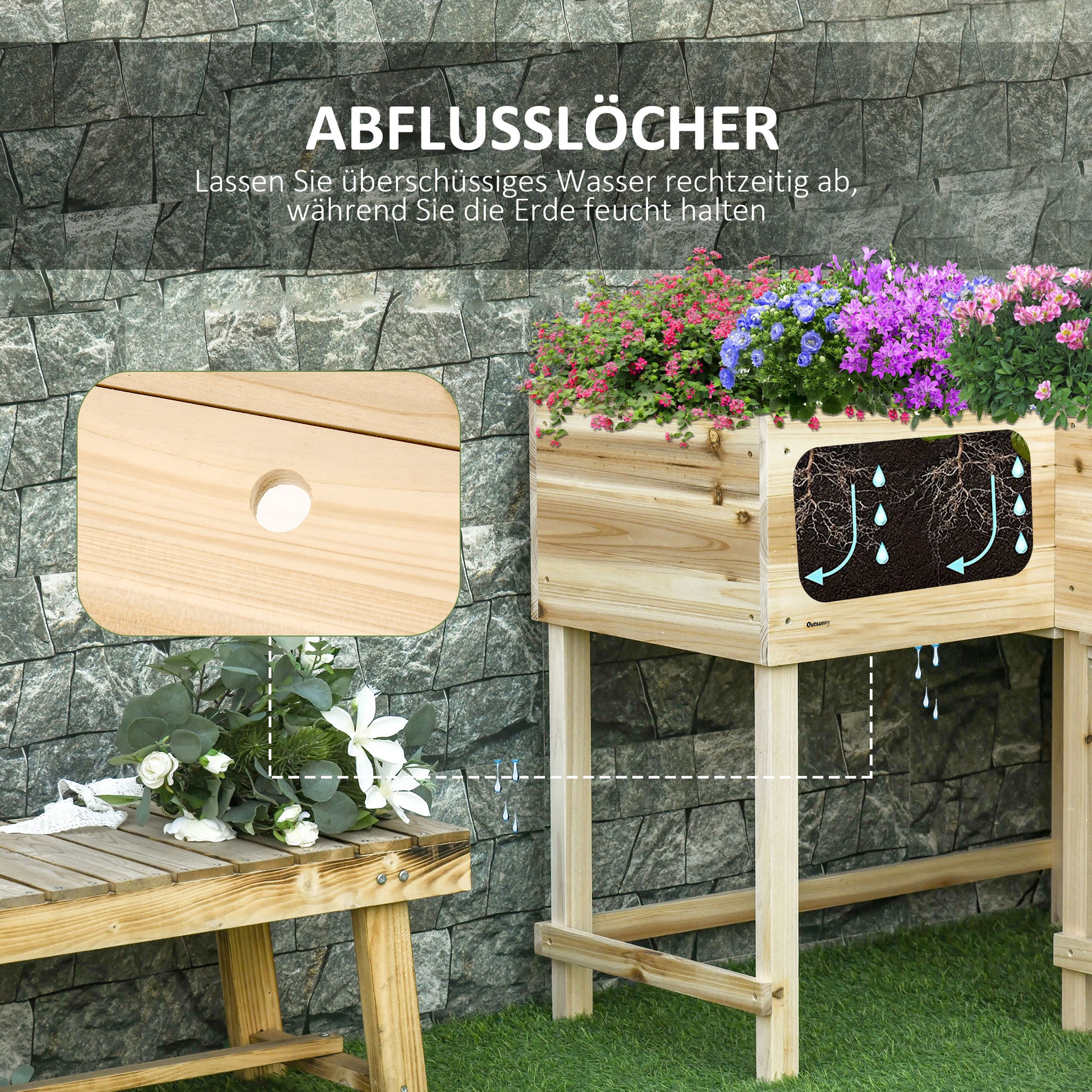 Raised Garden Bed Wood Planter Box with Irrigation System Fabric Flower Box Flower Pot Herb Bed Natural 122 x 91 x 81 cm