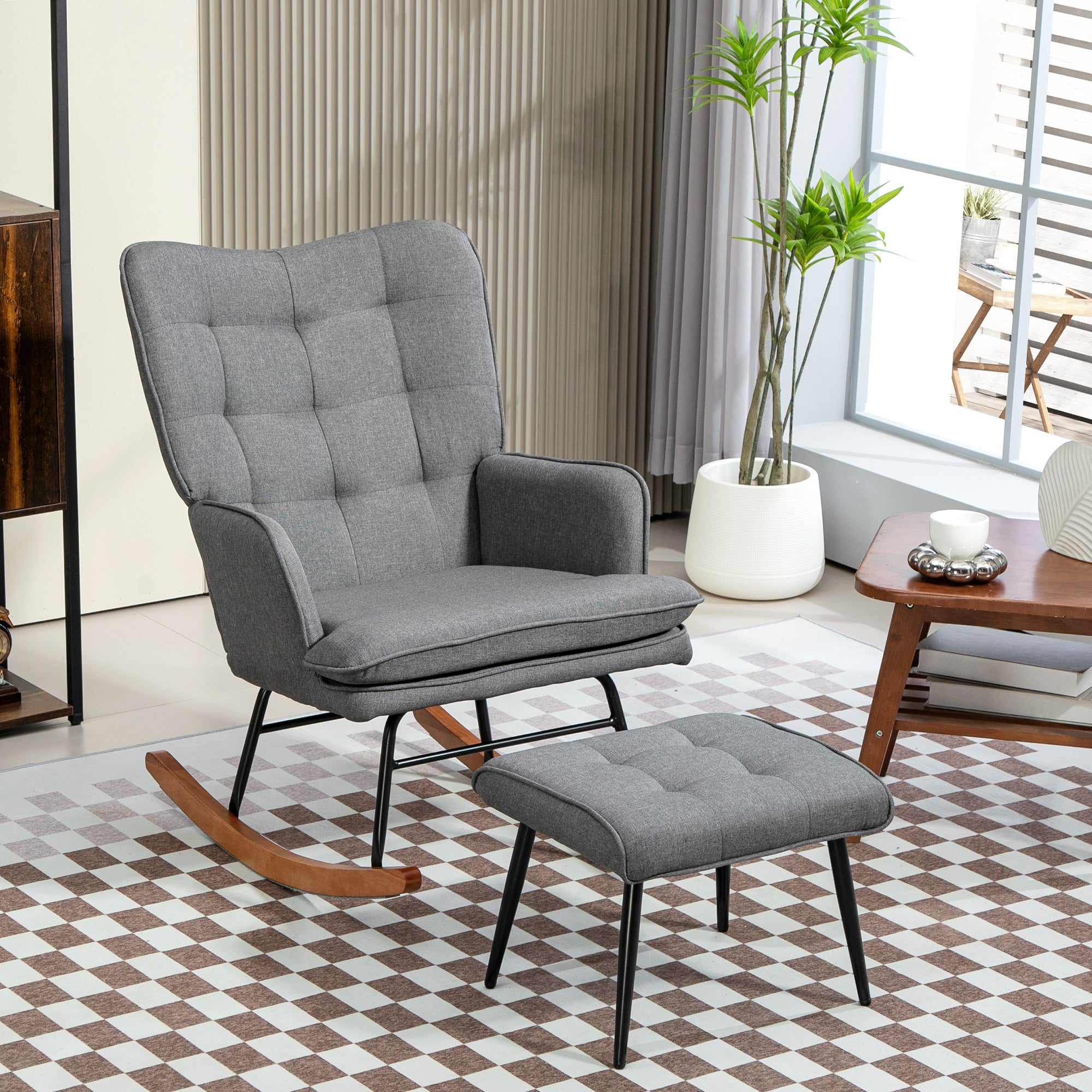 Schaukelstuhl Schwingsessel mit Hocker, Armlehnsessel, Sessel mit Leinenoptik, Schaukelsessel bis 130 kg Belastbarkeit für Schlafzimmer, Wohnzimmer, Dunkelgrau