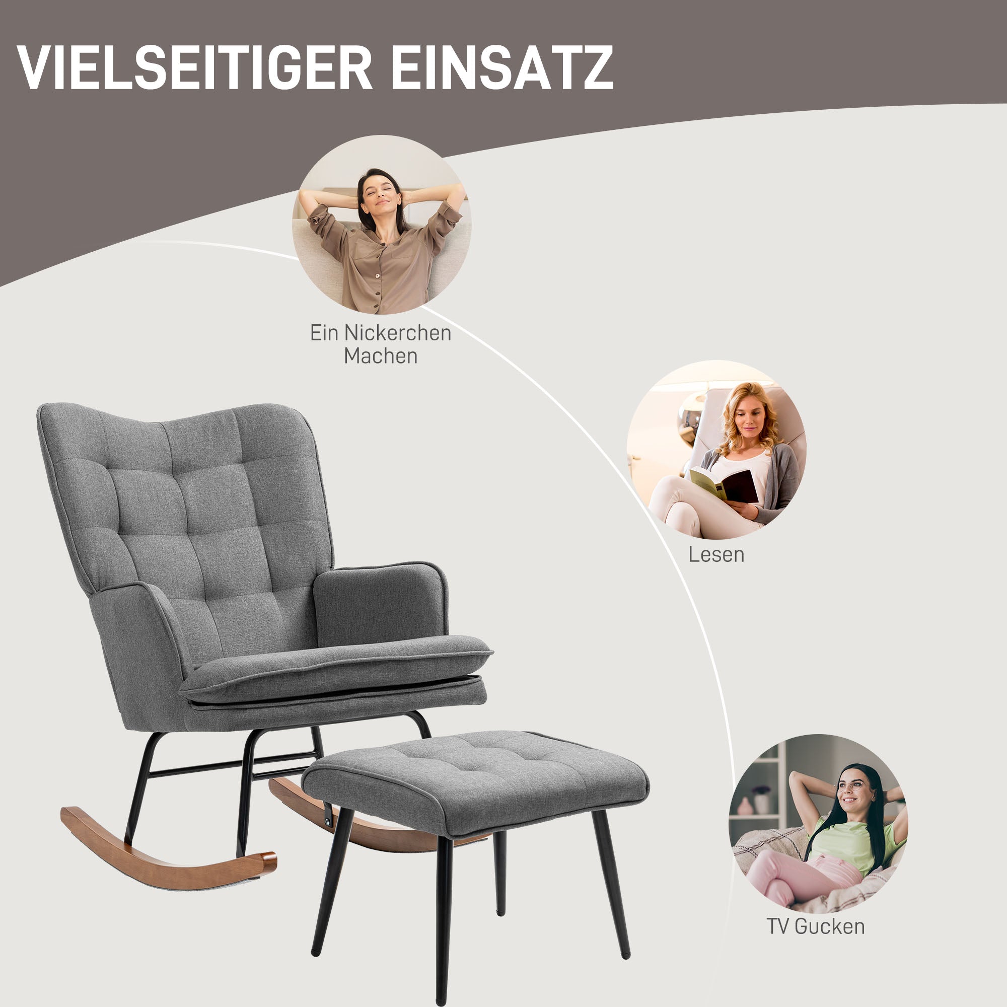 Schaukelstuhl Schwingsessel mit Hocker, Armlehnsessel, Sessel mit Leinenoptik, Schaukelsessel bis 130 kg Belastbarkeit für Schlafzimmer, Wohnzimmer, Dunkelgrau