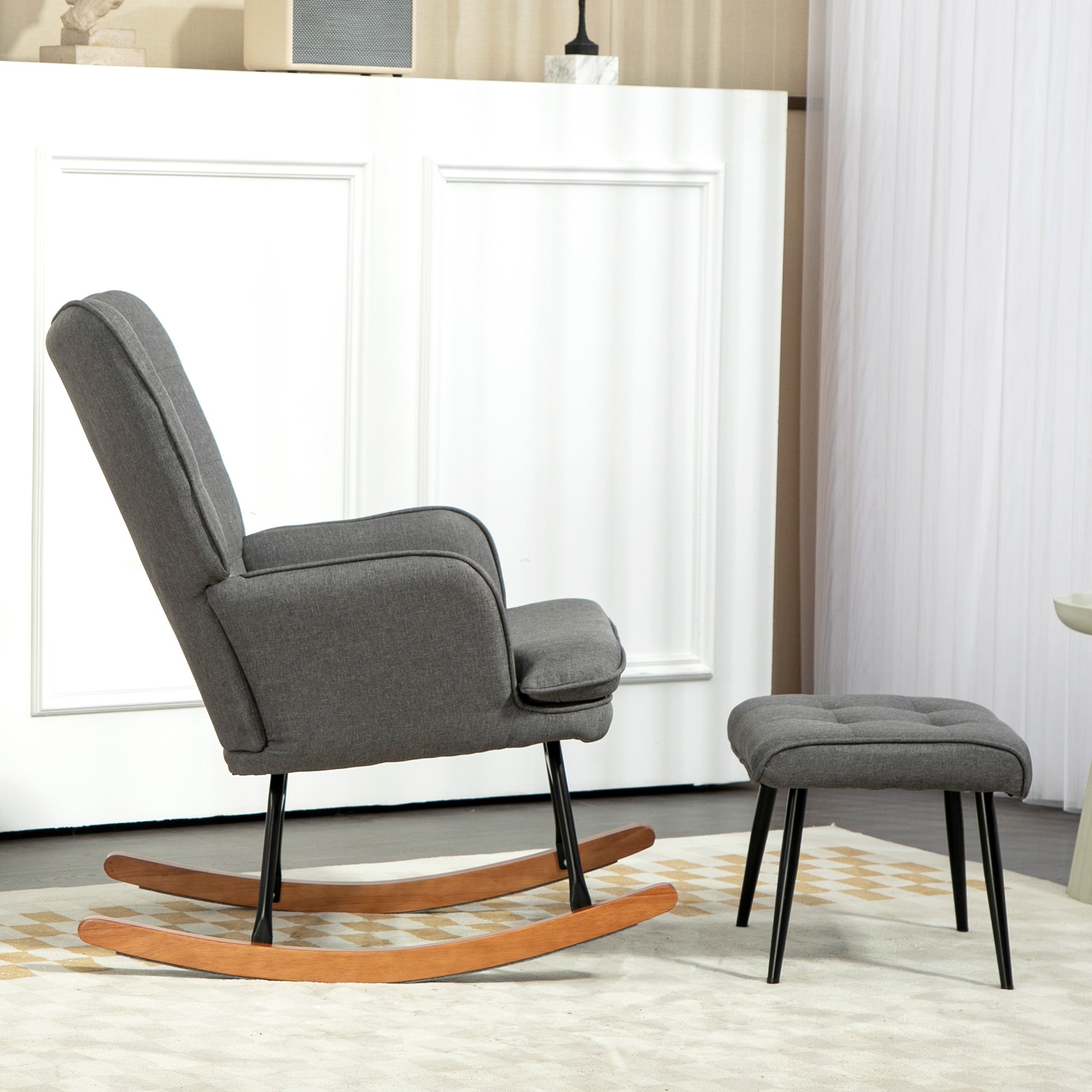 Schaukelstuhl Schwingsessel mit Hocker, Armlehnsessel, Sessel mit Leinenoptik, Schaukelsessel bis 130 kg Belastbarkeit für Schlafzimmer, Wohnzimmer, Dunkelgrau