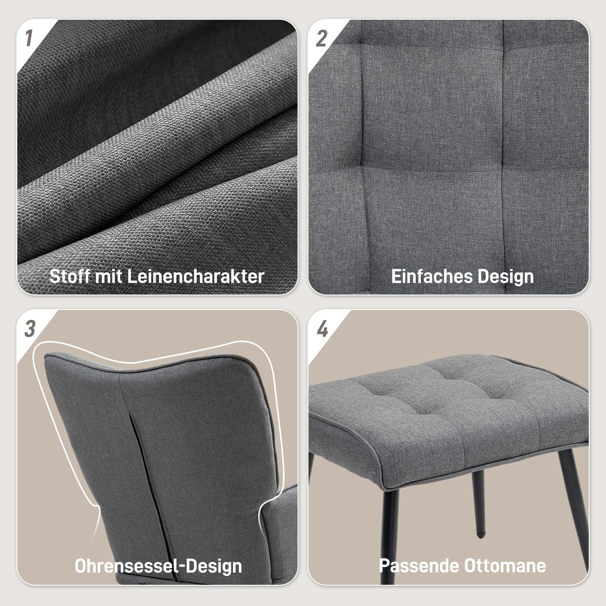 Schaukelstuhl Schwingsessel mit Hocker, Armlehnsessel, Sessel mit Leinenoptik, Schaukelsessel bis 130 kg Belastbarkeit für Schlafzimmer, Wohnzimmer, Dunkelgrau