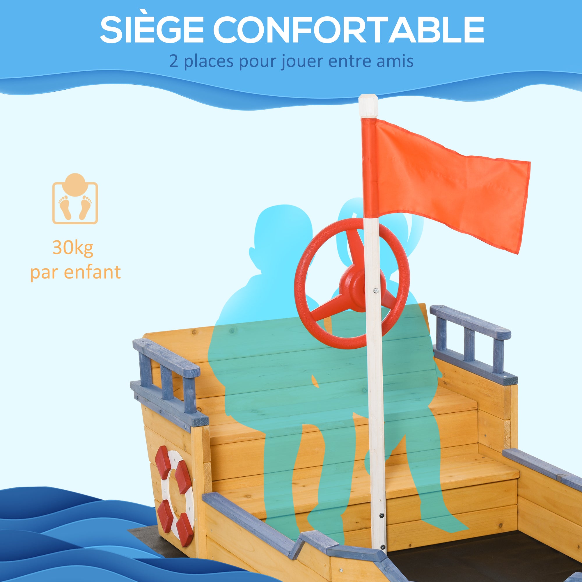 Pirate Ship Sandbox for Kids Outdoor Wooden Sandbox - with Helm Flag Red 2 Steps and Storage Space - Yellow Fir Wood and Non-Woven Fabric