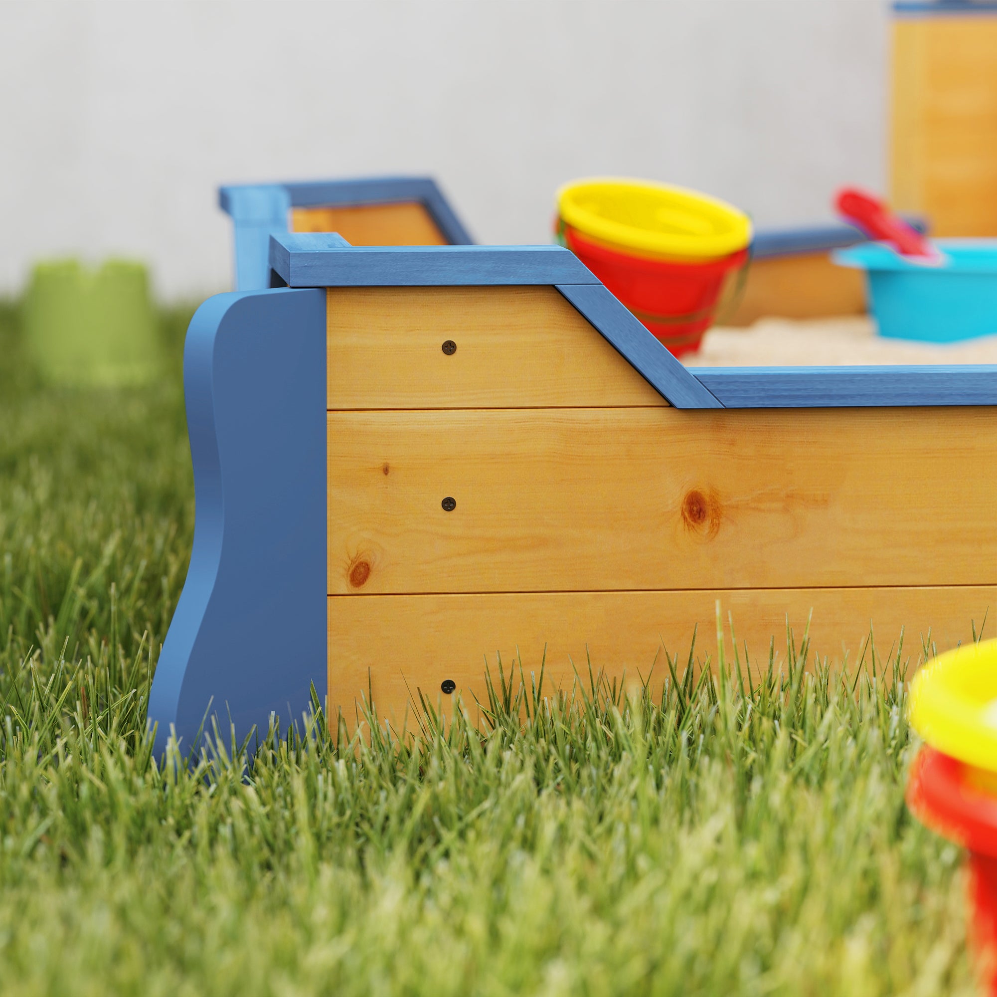 Pirate Ship Sandbox for Kids Outdoor Wooden Sandbox - with Helm Flag Red 2 Steps and Storage Space - Yellow Fir Wood and Non-Woven Fabric