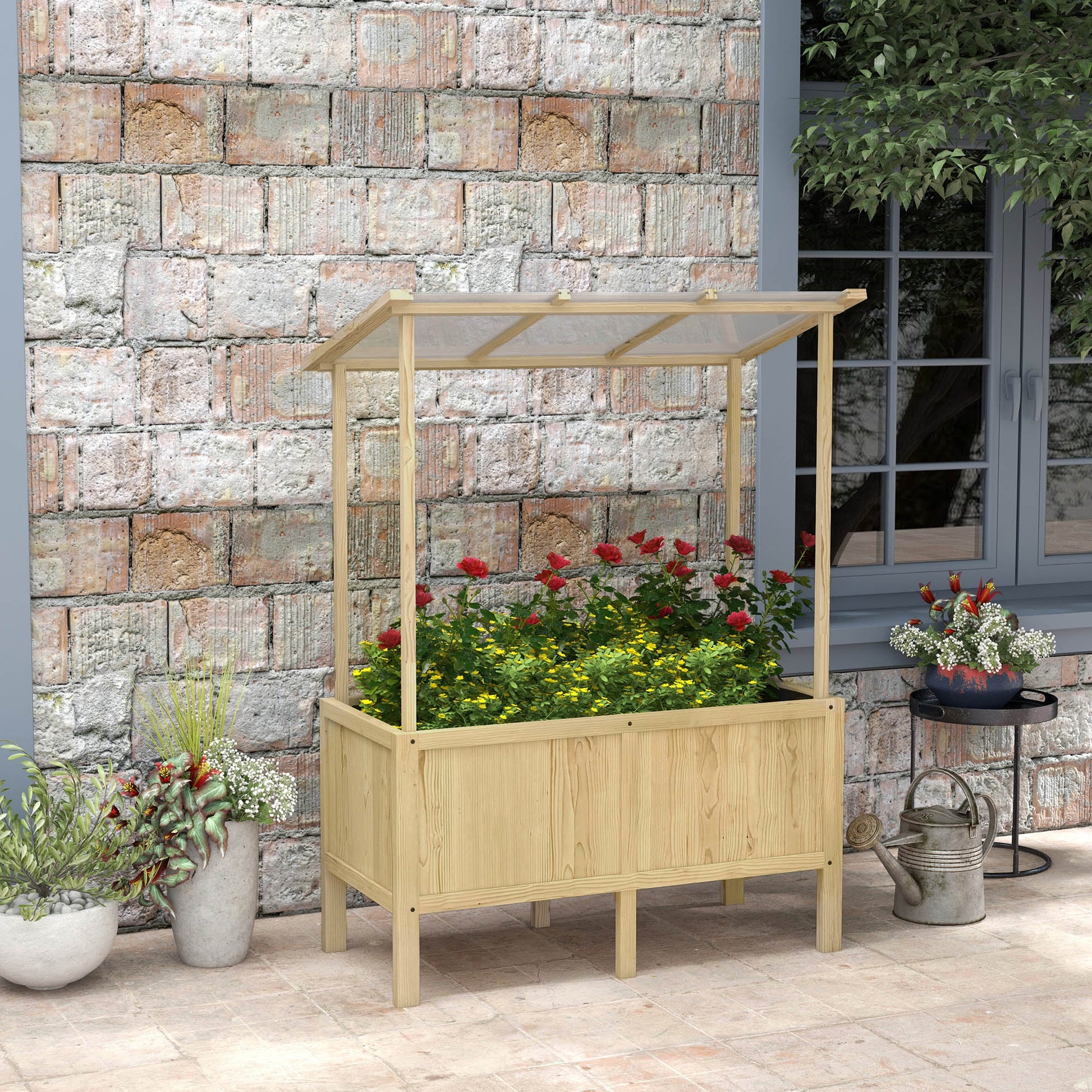 Wooden Raised Bed, Cold Frame with Cover, Planter Box with Fleece, Flower Box Herb Bed for Garden, Balcony, 110 x 60 x 152 cm, Natural