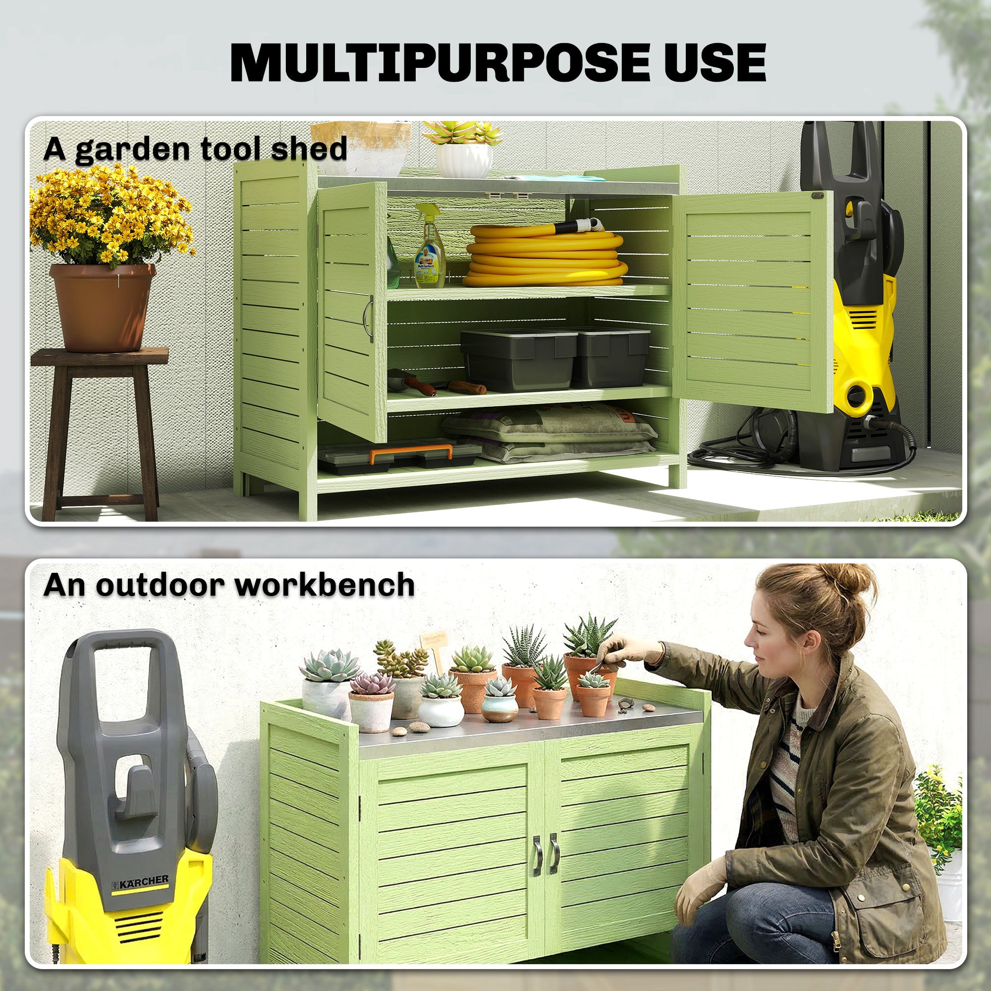 Pine Potting Bench with Cabinet and Galvanized Worktop, 3 Shelves, Double Doors — Weatherproof Garden Table for Patio, Balcony, Porch (Green) — 88 x 40 x 70.5 cm
