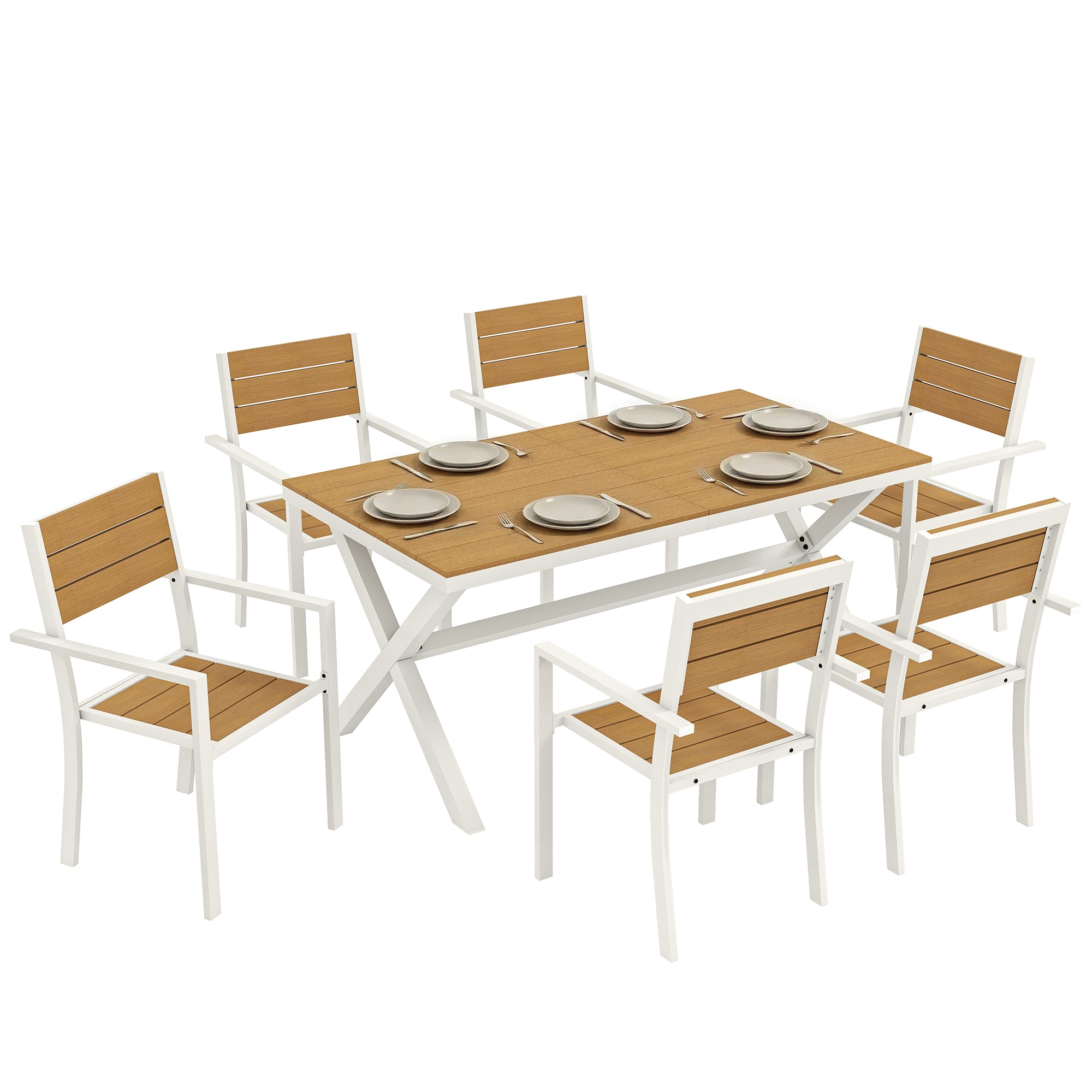 7-Piece Outdoor Dining Set — Rectangular Table with 6 Stackable Chairs, Teak-Effect Synthetic Wood Slats, Aluminum Frame, Space-Saving, Weather-Resistant