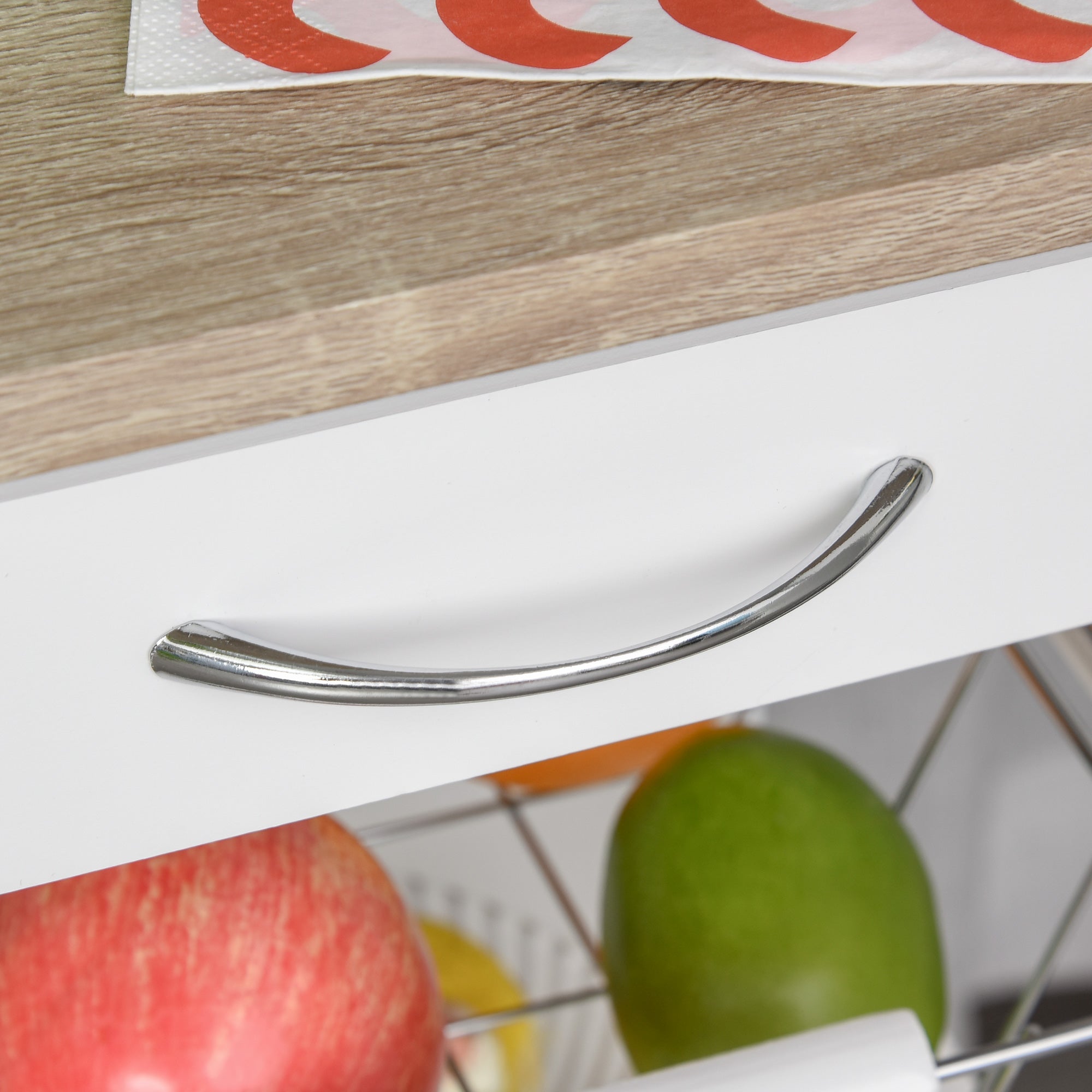 White MDF Light Oak and Pine Wood Kitchen Trolley with Basket + 2 Removable Trays, Drawer, Shelf