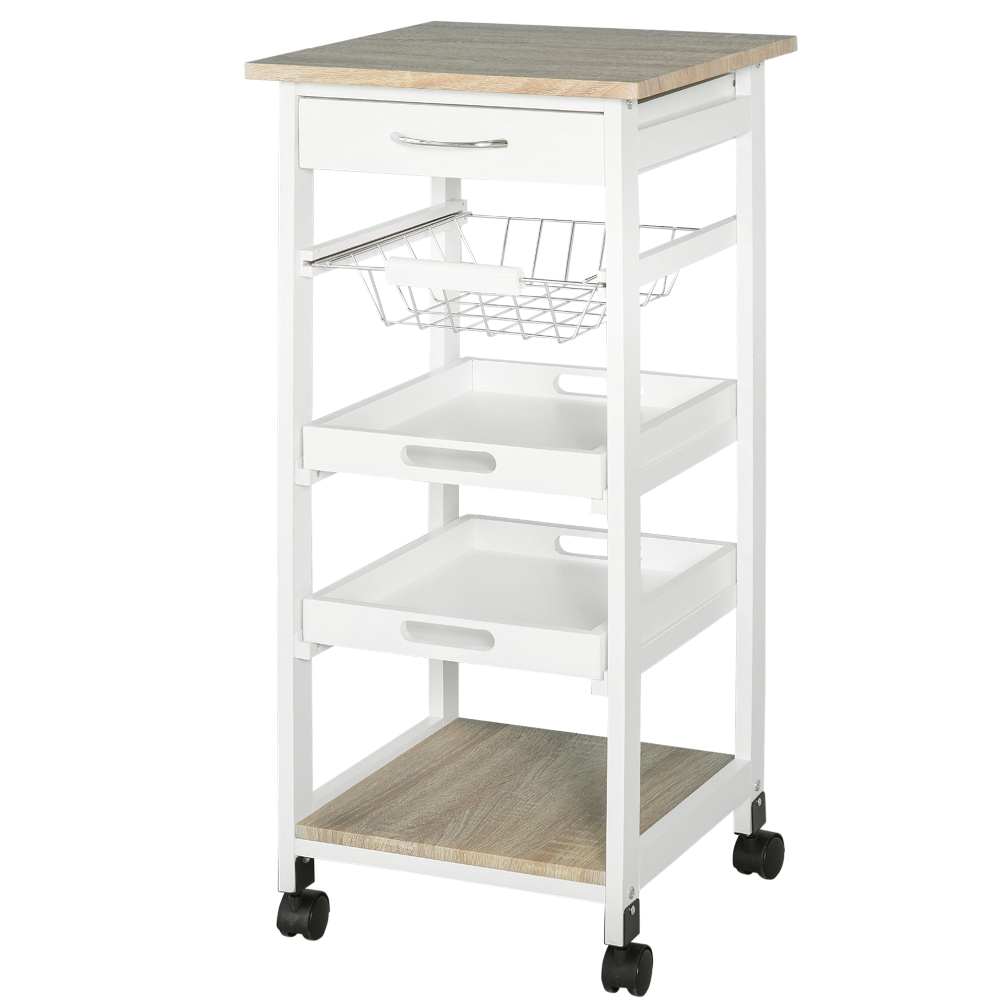 White MDF Light Oak and Pine Wood Kitchen Trolley with Basket + 2 Removable Trays, Drawer, Shelf