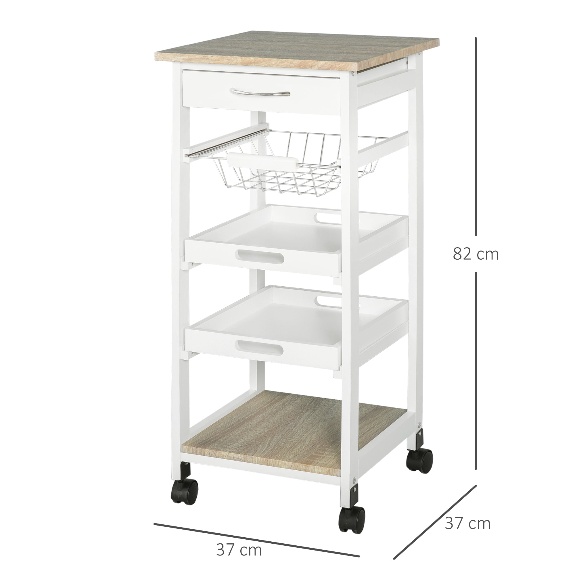 White MDF Light Oak and Pine Wood Kitchen Trolley with Basket + 2 Removable Trays, Drawer, Shelf