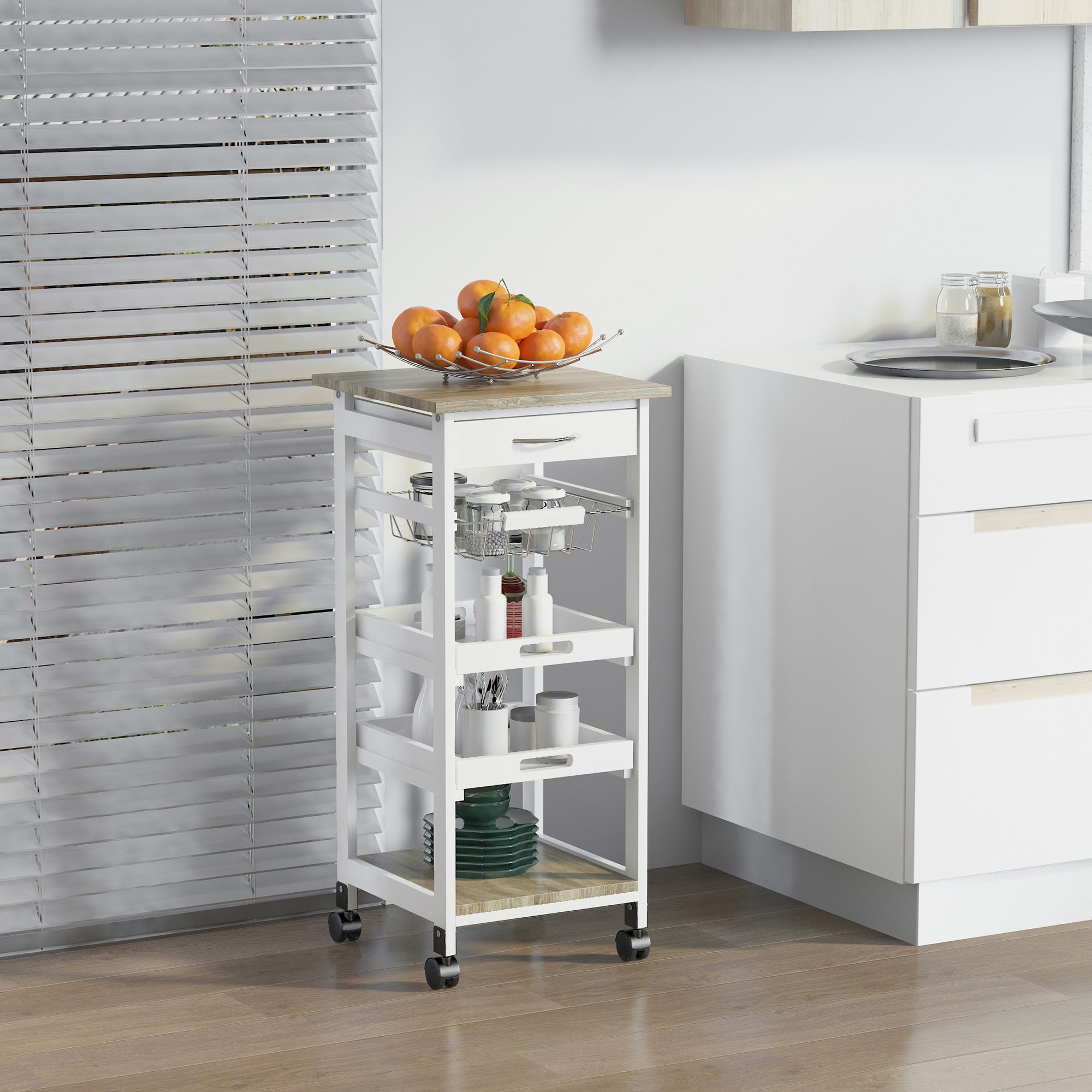 White MDF Light Oak and Pine Wood Kitchen Trolley with Basket + 2 Removable Trays, Drawer, Shelf