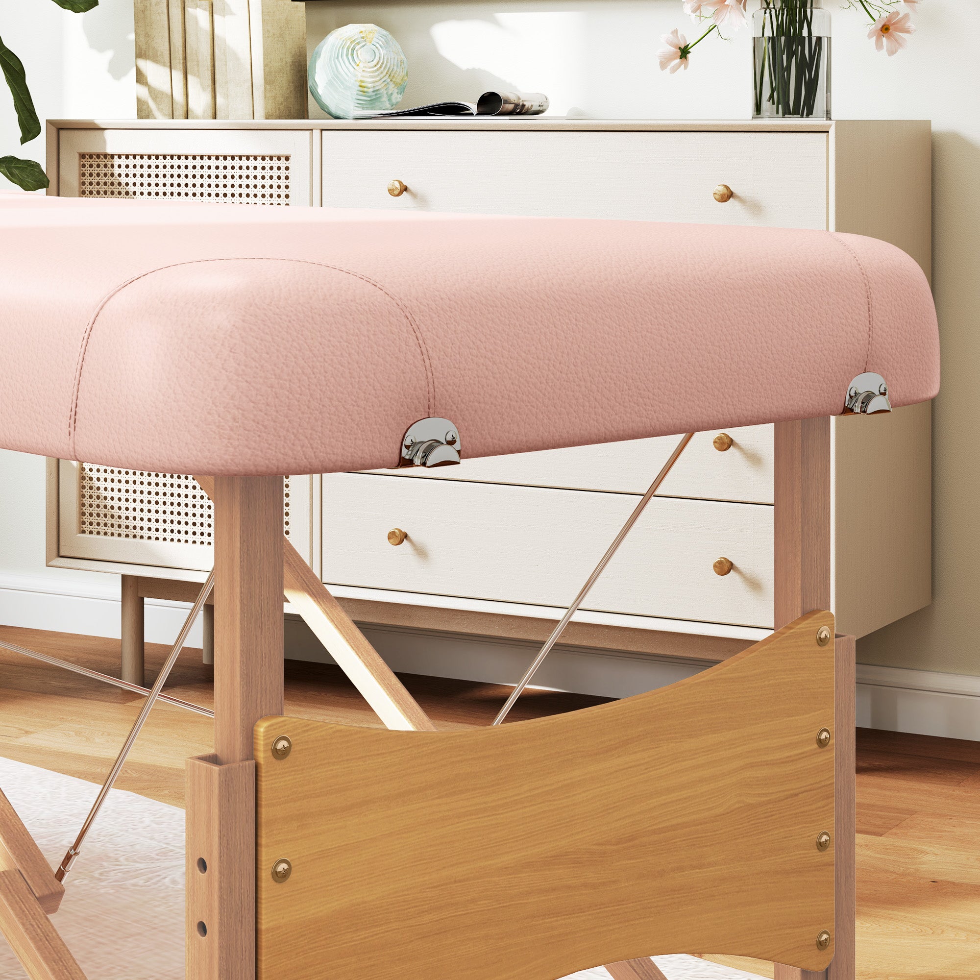 Folding Massage Table 210x81 cm Professional Beauty Bed with Removable Headrest 2 Zones Handle and Wood Frame with Adjustable Height and Pink Carry Bag