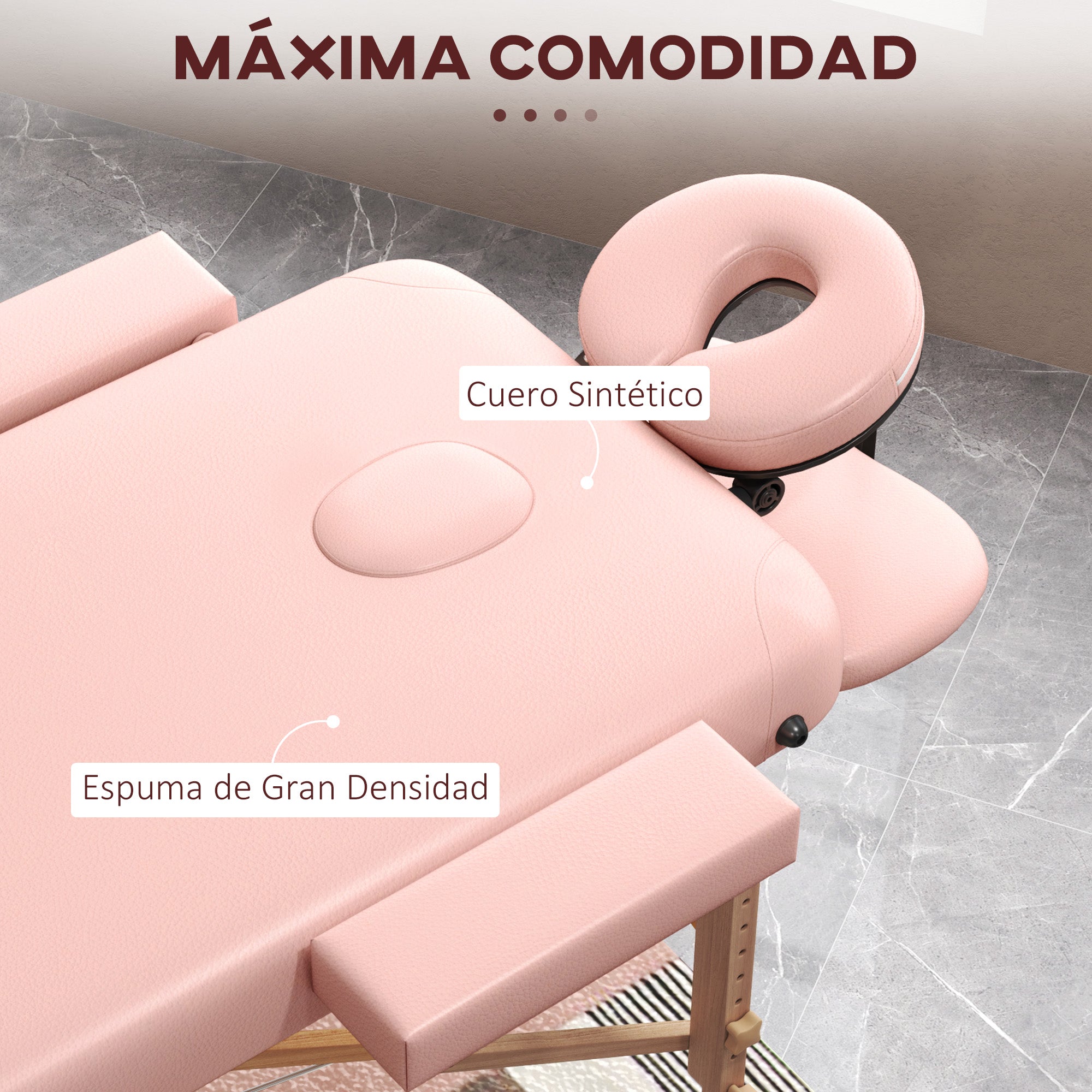 Folding Massage Table 210x81 cm Professional Beauty Bed with Removable Headrest 2 Zones Handle and Wood Frame with Adjustable Height and Pink Carry Bag