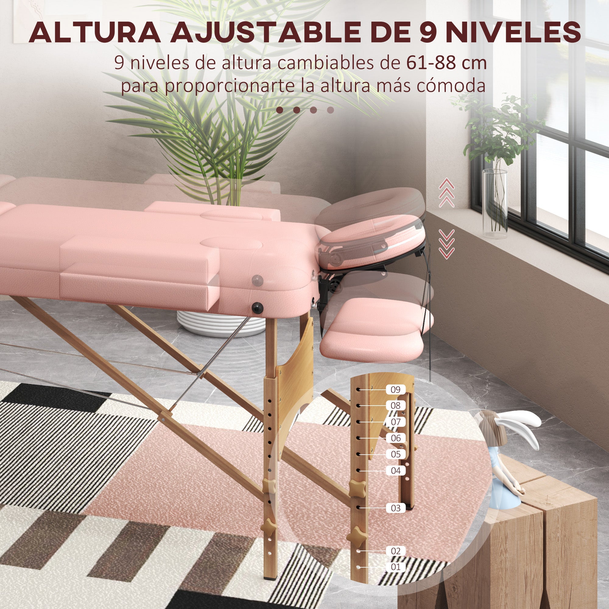 Folding Massage Table 210x81 cm Professional Beauty Bed with Removable Headrest 2 Zones Handle and Wood Frame with Adjustable Height and Pink Carry Bag