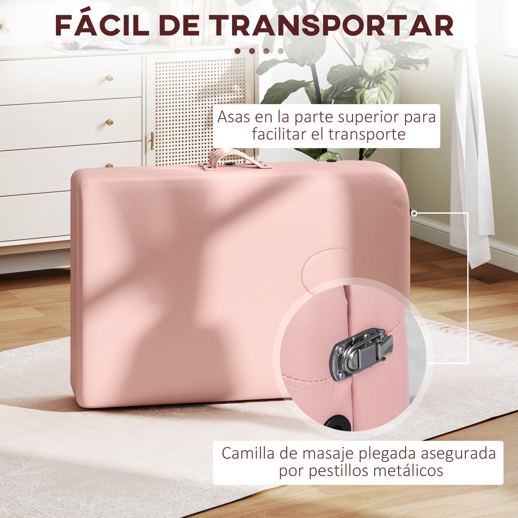 Folding Massage Table 210x81 cm Professional Beauty Bed with Removable Headrest 2 Zones Handle and Wood Frame with Adjustable Height and Pink Carry Bag