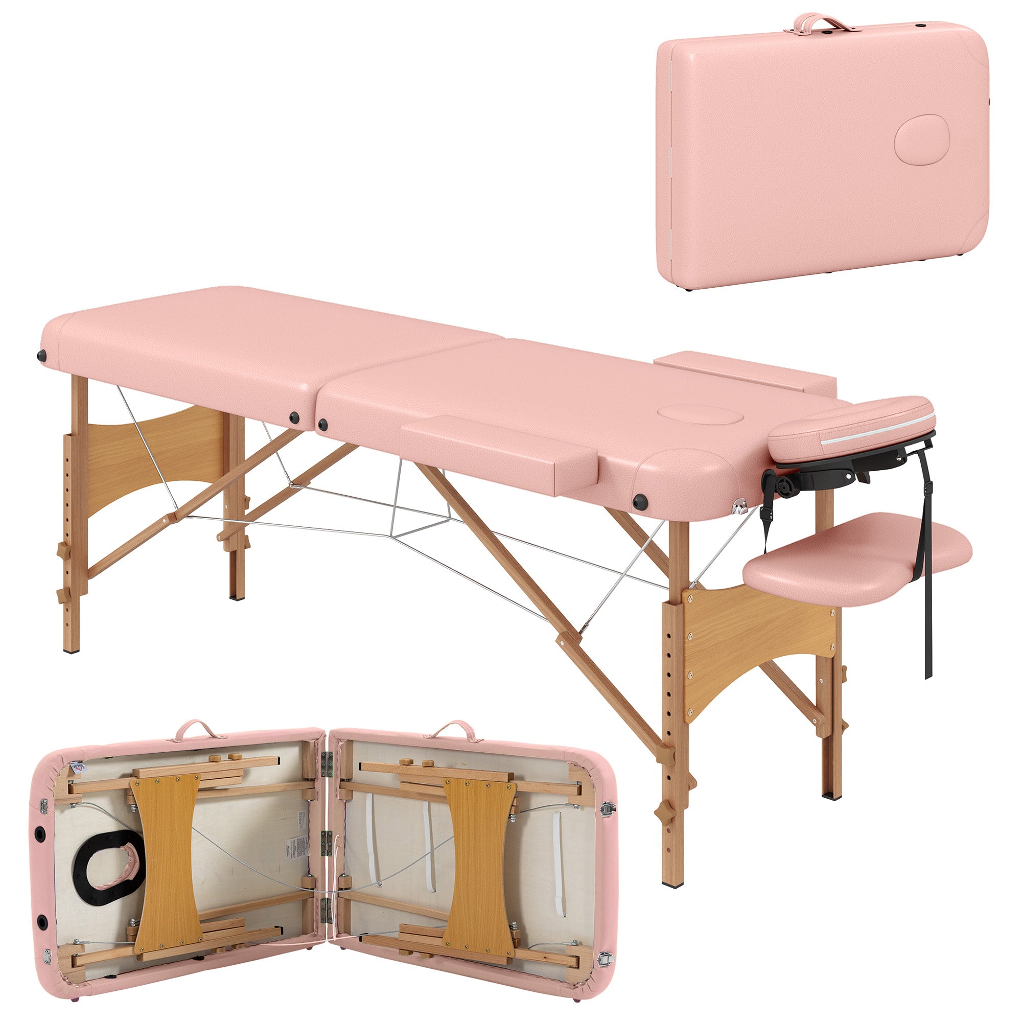 Folding Massage Table 210x81 cm Professional Beauty Bed with Removable Headrest 2 Zones Handle and Wood Frame with Adjustable Height and Pink Carry Bag