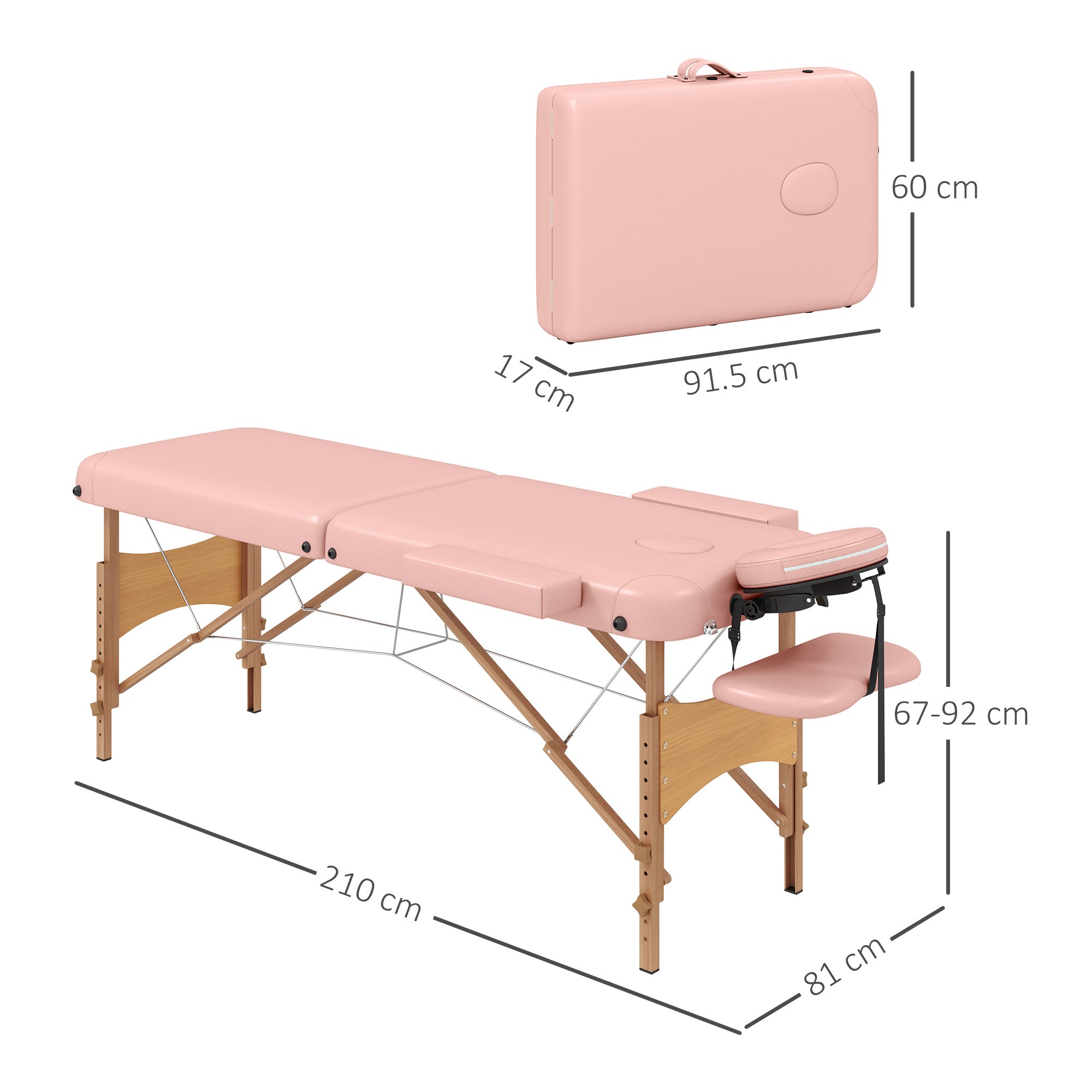 Folding Massage Table 210x81 cm Professional Beauty Bed with Removable Headrest 2 Zones Handle and Wood Frame with Adjustable Height and Pink Carry Bag