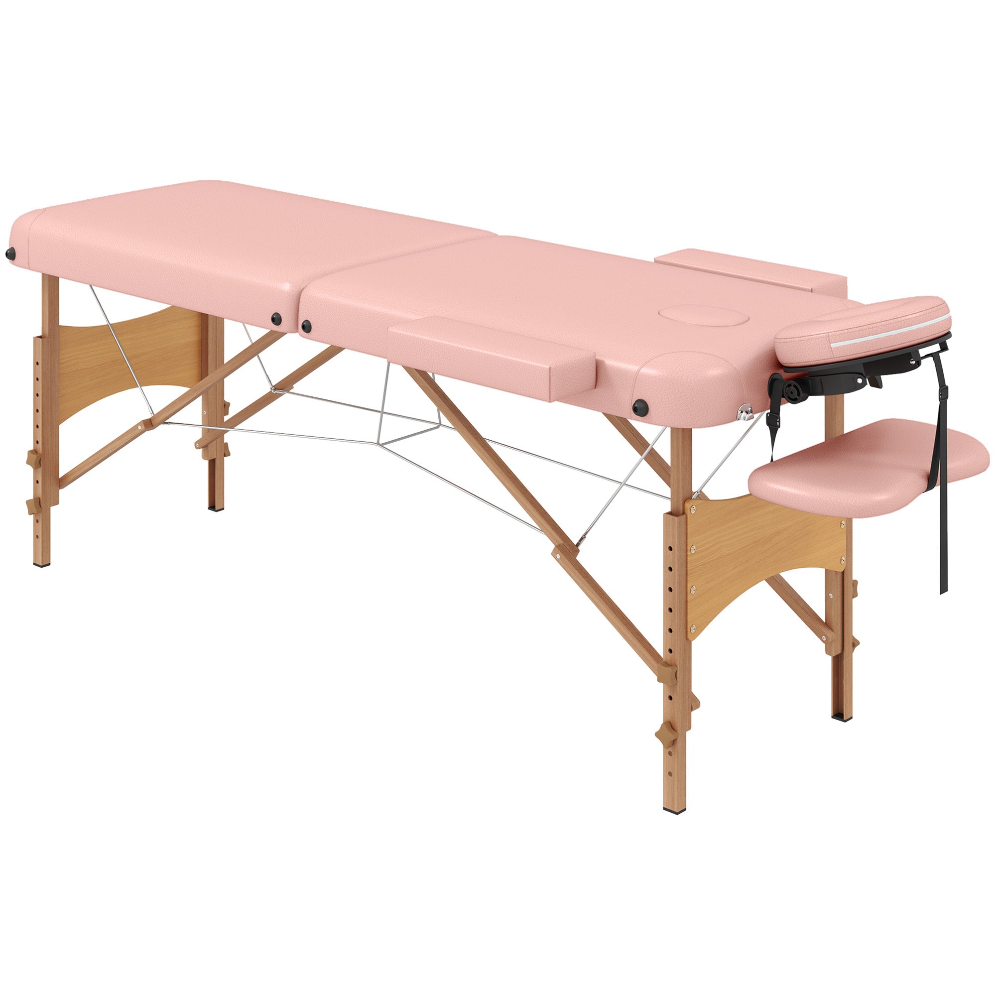 Folding Massage Table 210x81 cm Professional Beauty Bed with Removable Headrest 2 Zones Handle and Wood Frame with Adjustable Height and Pink Carry Bag