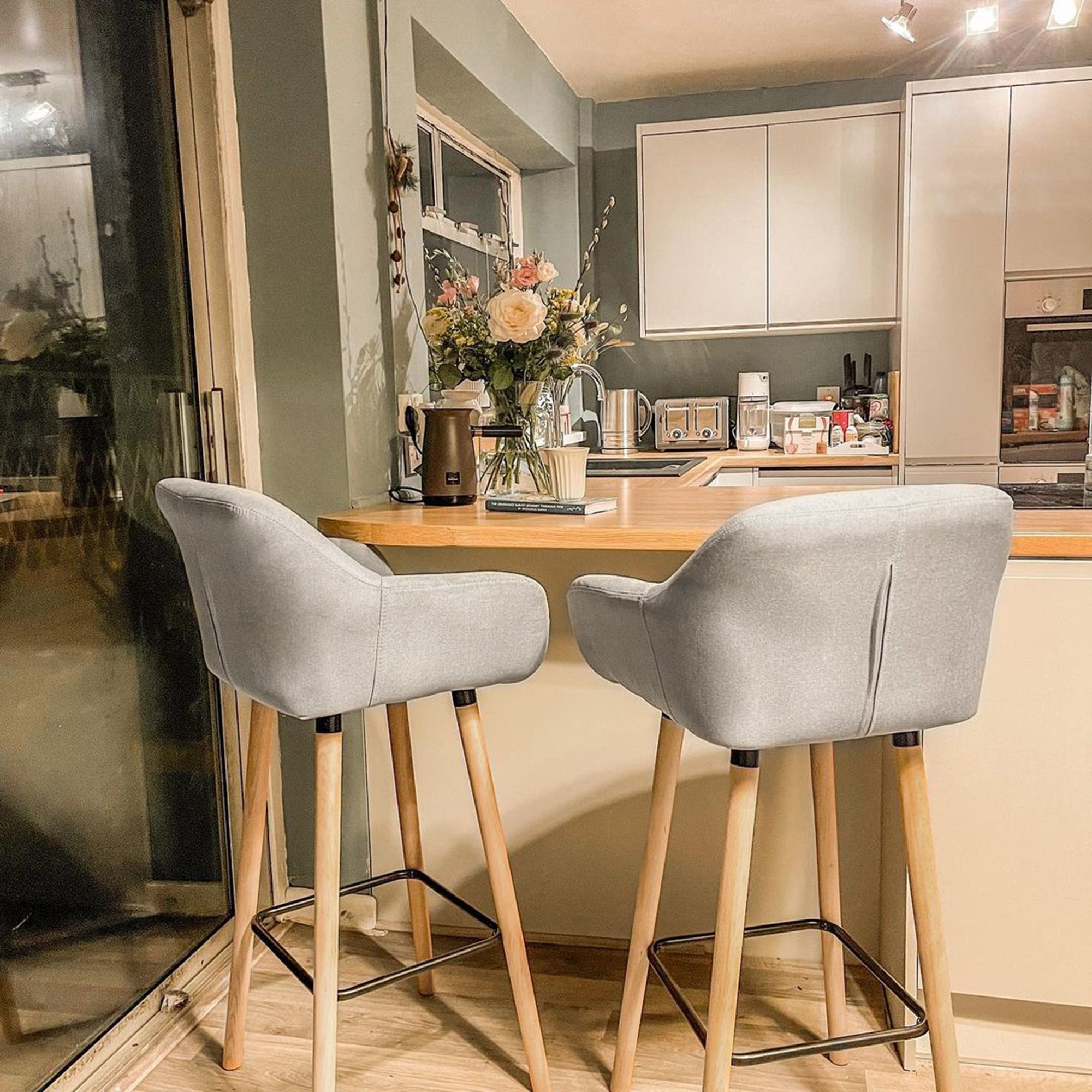 Set of 2 Bar Stools, Bar Chair with Seat Cushion, Wooden Legs, Backrest and Armrests, Kitchen Chairs with Wood Footrest, Counter Stools for Kitchen, Living Room, Dining Room, Linen Look, Beige