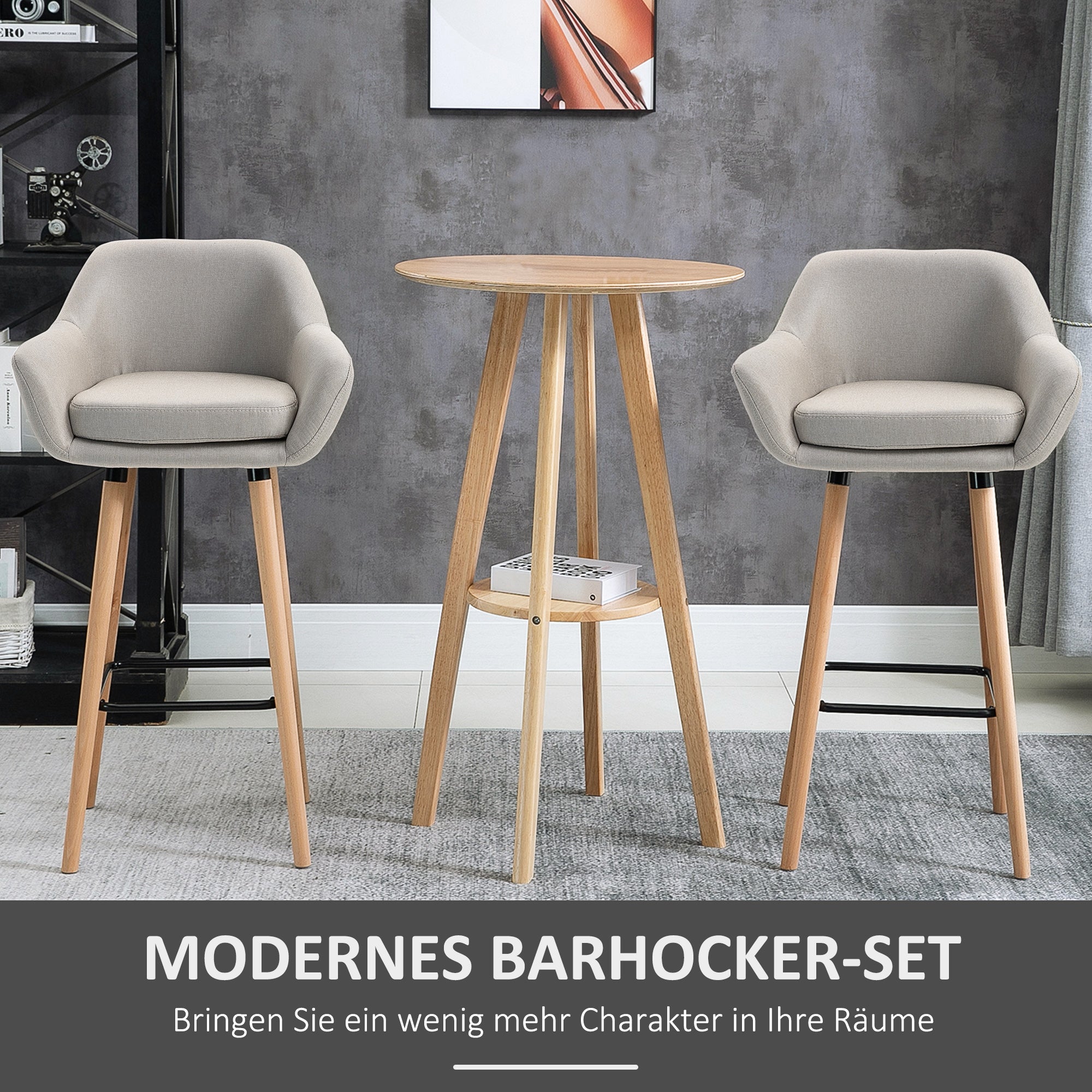 Set of 2 Bar Stools, Bar Chair with Seat Cushion, Wooden Legs, Backrest and Armrests, Kitchen Chairs with Wood Footrest, Counter Stools for Kitchen, Living Room, Dining Room, Linen Look, Beige