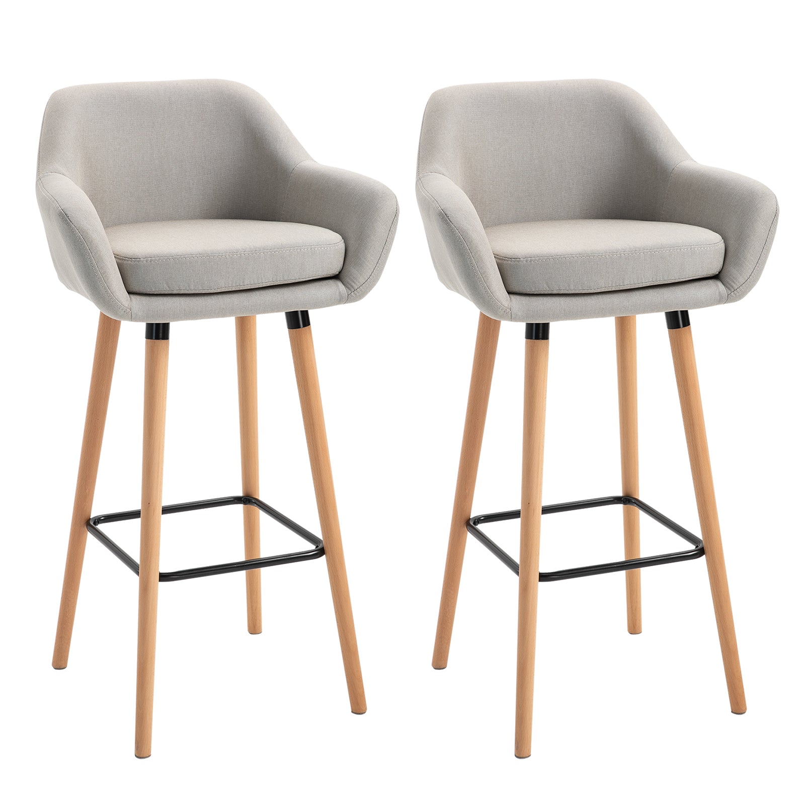 Set of 2 Bar Stools, Bar Chair with Seat Cushion, Wooden Legs, Backrest and Armrests, Kitchen Chairs with Wood Footrest, Counter Stools for Kitchen, Living Room, Dining Room, Linen Look, Beige