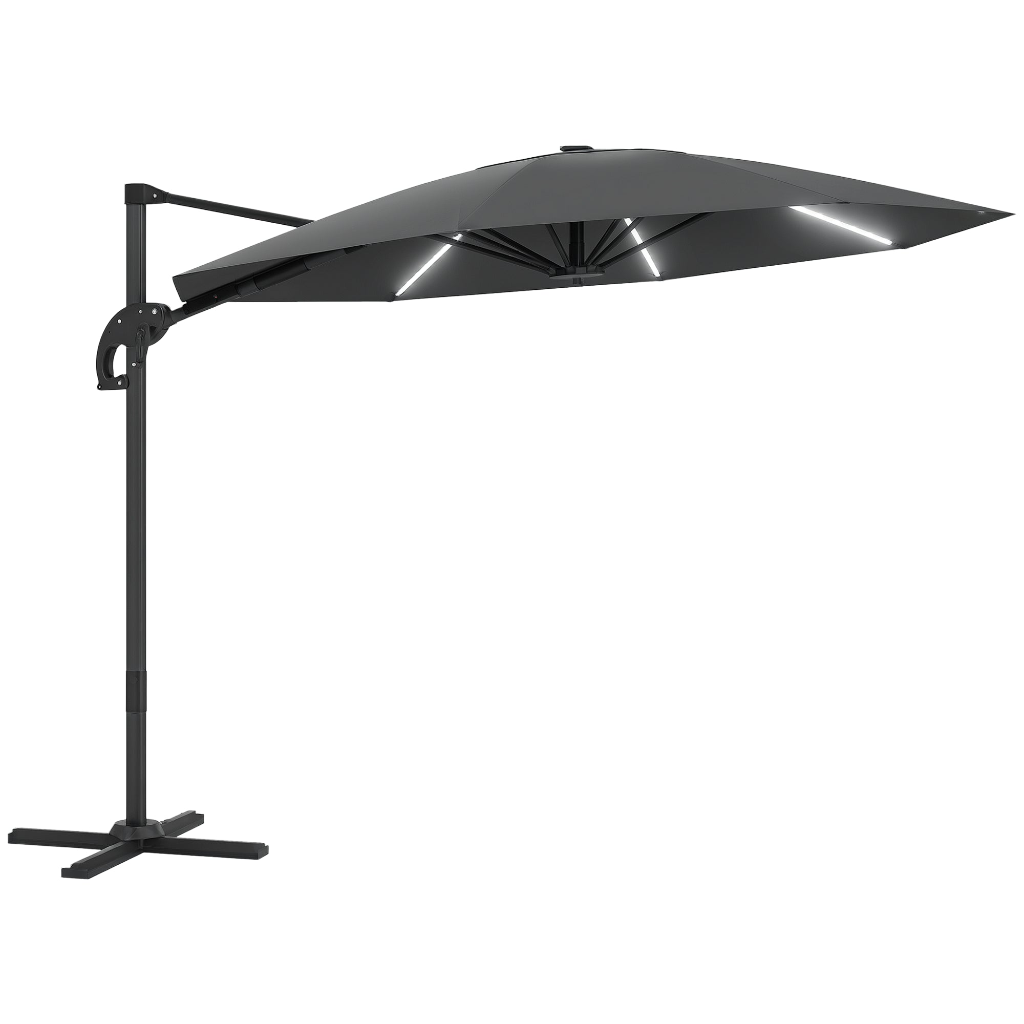Aluminum Cantilever Umbrella LED Solar Ø300cm Height Adjustable Sun Umbrella with Crank Stand UV50+ Water Resistant 360° Rotatable Market Umbrella Tiltable Parasol Sun Protection for Garden Balcony - Dark Gray