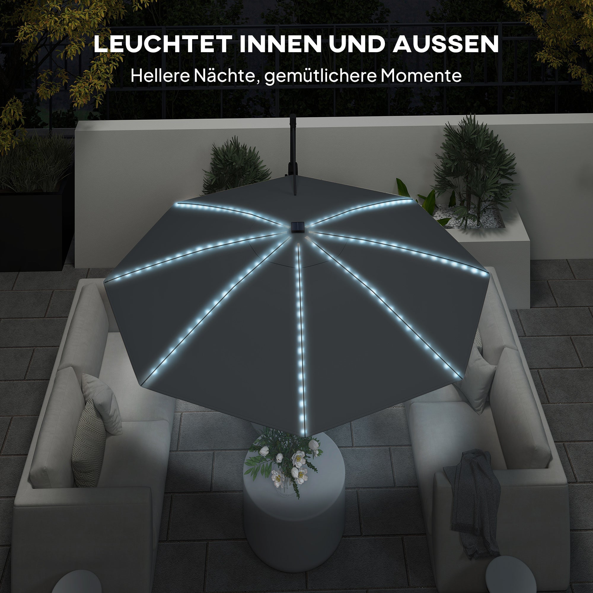 Aluminum Cantilever Umbrella LED Solar Ø300cm Height Adjustable Sun Umbrella with Crank Stand UV50+ Water Resistant 360° Rotatable Market Umbrella Tiltable Parasol Sun Protection for Garden Balcony - Dark Gray