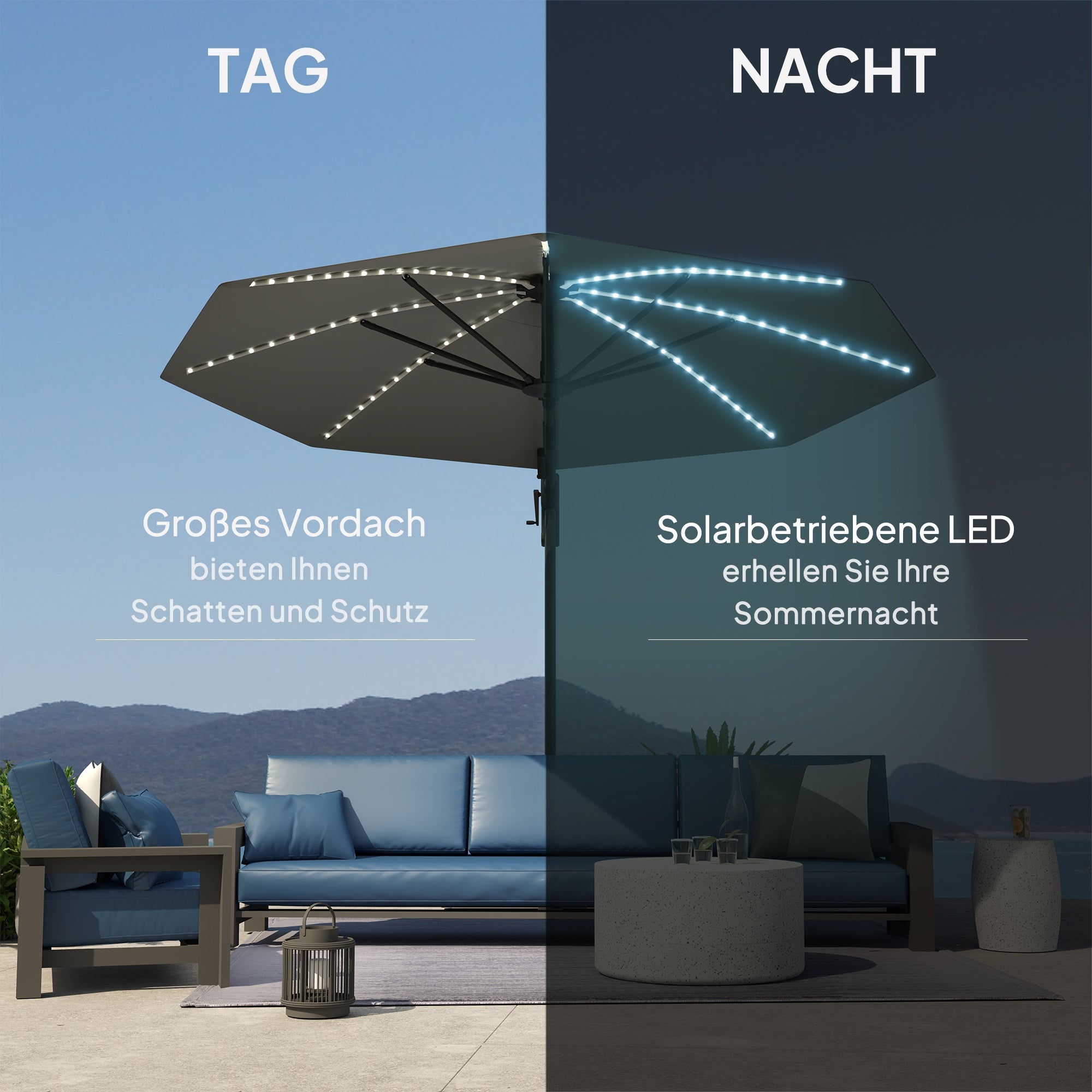 Aluminum Cantilever Umbrella LED Solar Ø300cm Height Adjustable Sun Umbrella with Crank Stand UV50+ Water Resistant 360° Rotatable Market Umbrella Tiltable Parasol Sun Protection for Garden Balcony - Dark Gray