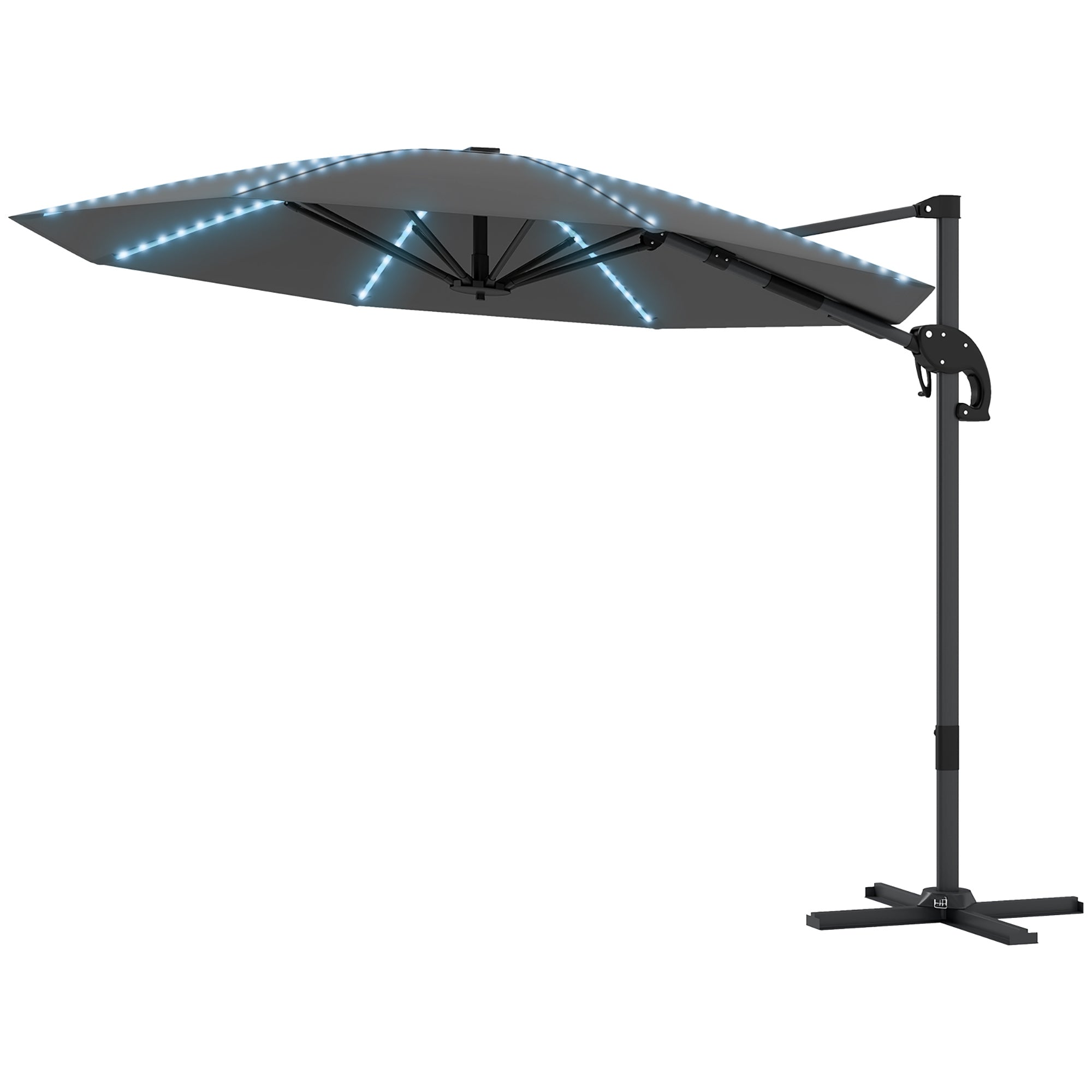 Aluminum Cantilever Umbrella LED Solar Ø300cm Height Adjustable Sun Umbrella with Crank Stand UV50+ Water Resistant 360° Rotatable Market Umbrella Tiltable Parasol Sun Protection for Garden Balcony - Dark Gray