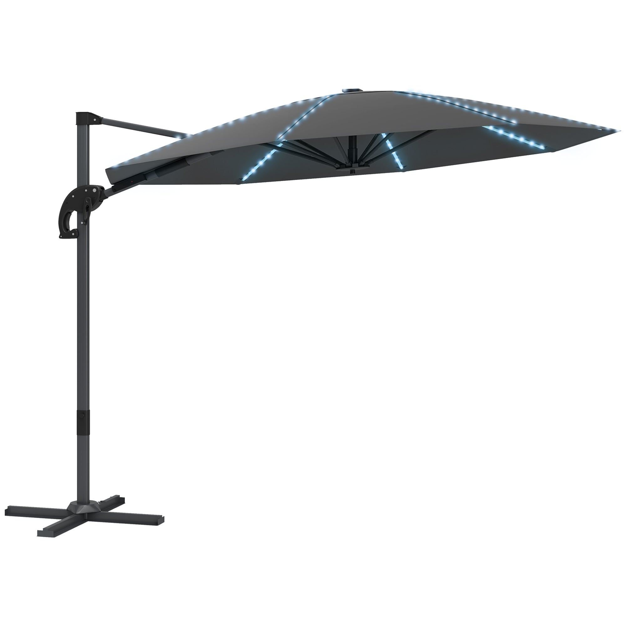 Aluminum Cantilever Umbrella LED Solar Ø300cm Height Adjustable Sun Umbrella with Crank Stand UV50+ Water Resistant 360° Rotatable Market Umbrella Tiltable Parasol Sun Protection for Garden Balcony - Dark Gray