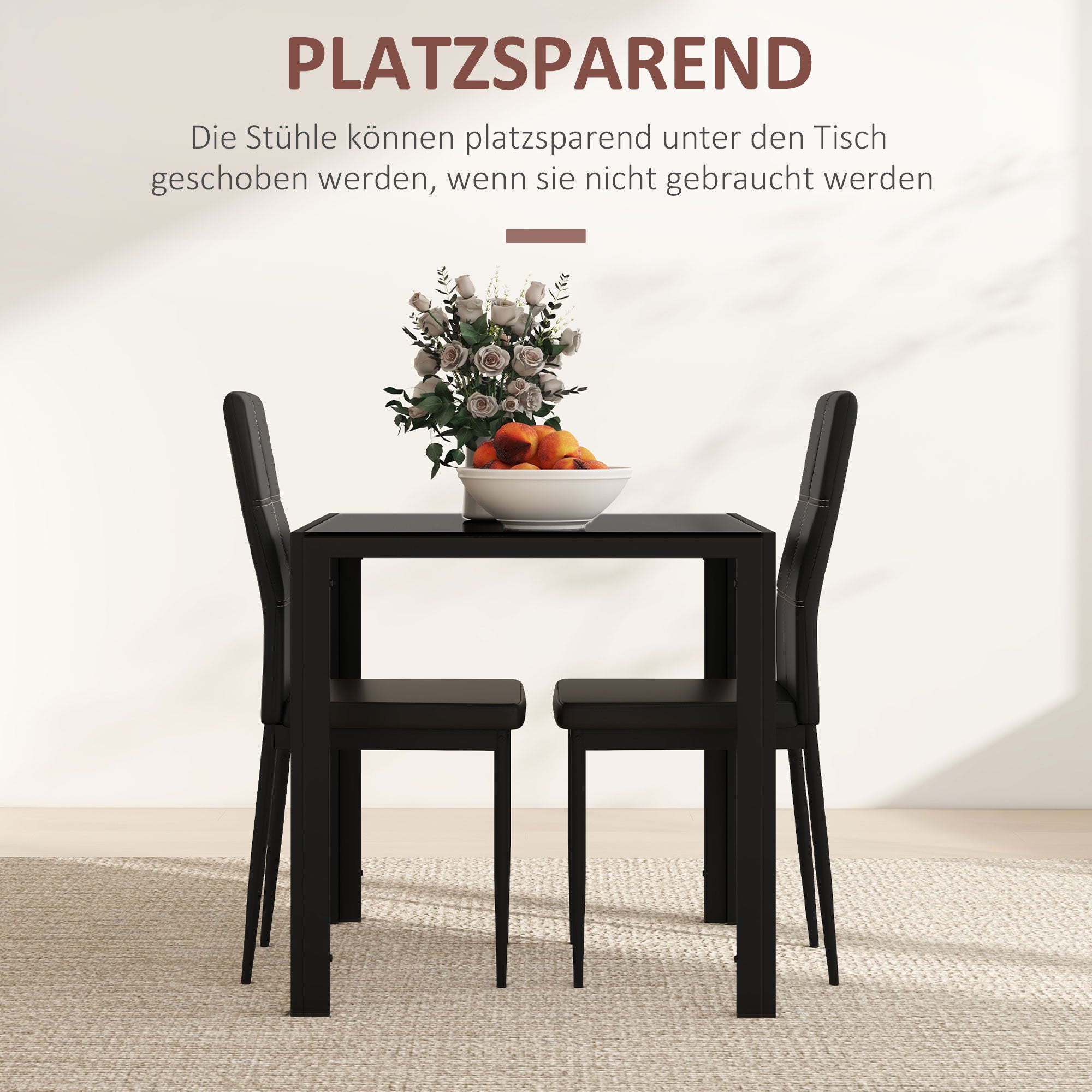 Dining Set Dining Table with 4 Chairs Space-Saving Dining Group Seating Set, Safety Glass Tabletop, Faux Leather Kitchen Table Set for Dining Room, Kitchen Black