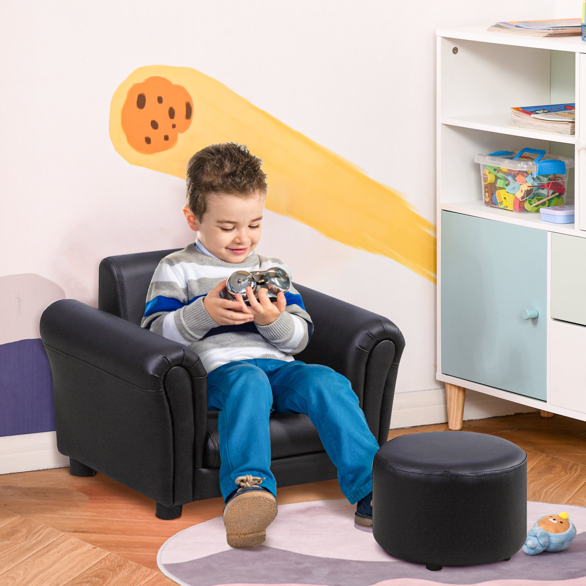 Kids Armchair with Footstool Children's Couch Kids Sofa Mini Sofa for 1.5-3 Years Kids Children's Furniture Wood Black 54 x 42 x 41 cm