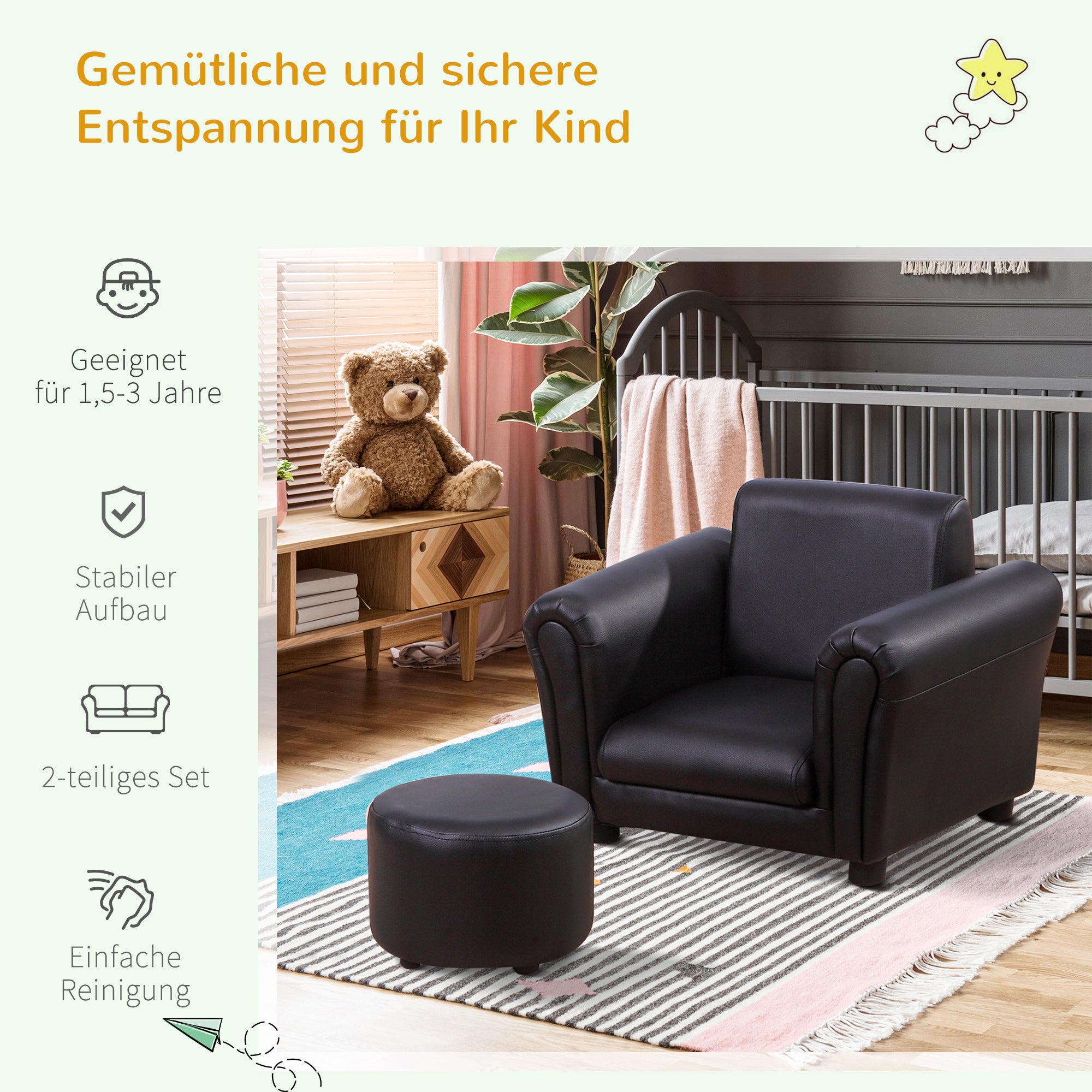 Kids Armchair with Footstool Children's Couch Kids Sofa Mini Sofa for 1.5-3 Years Kids Children's Furniture Wood Black 54 x 42 x 41 cm