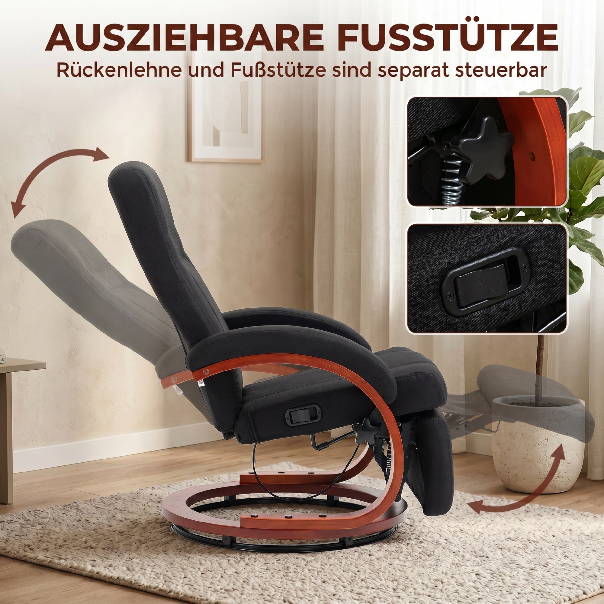 Reclining Armchair with Footrest – High-Back TV Chair, Ergonomic Armrests, Eucalyptus Wood Base, Linen-Look Fabric, Recliner for Living Room & Bedroom (Black)