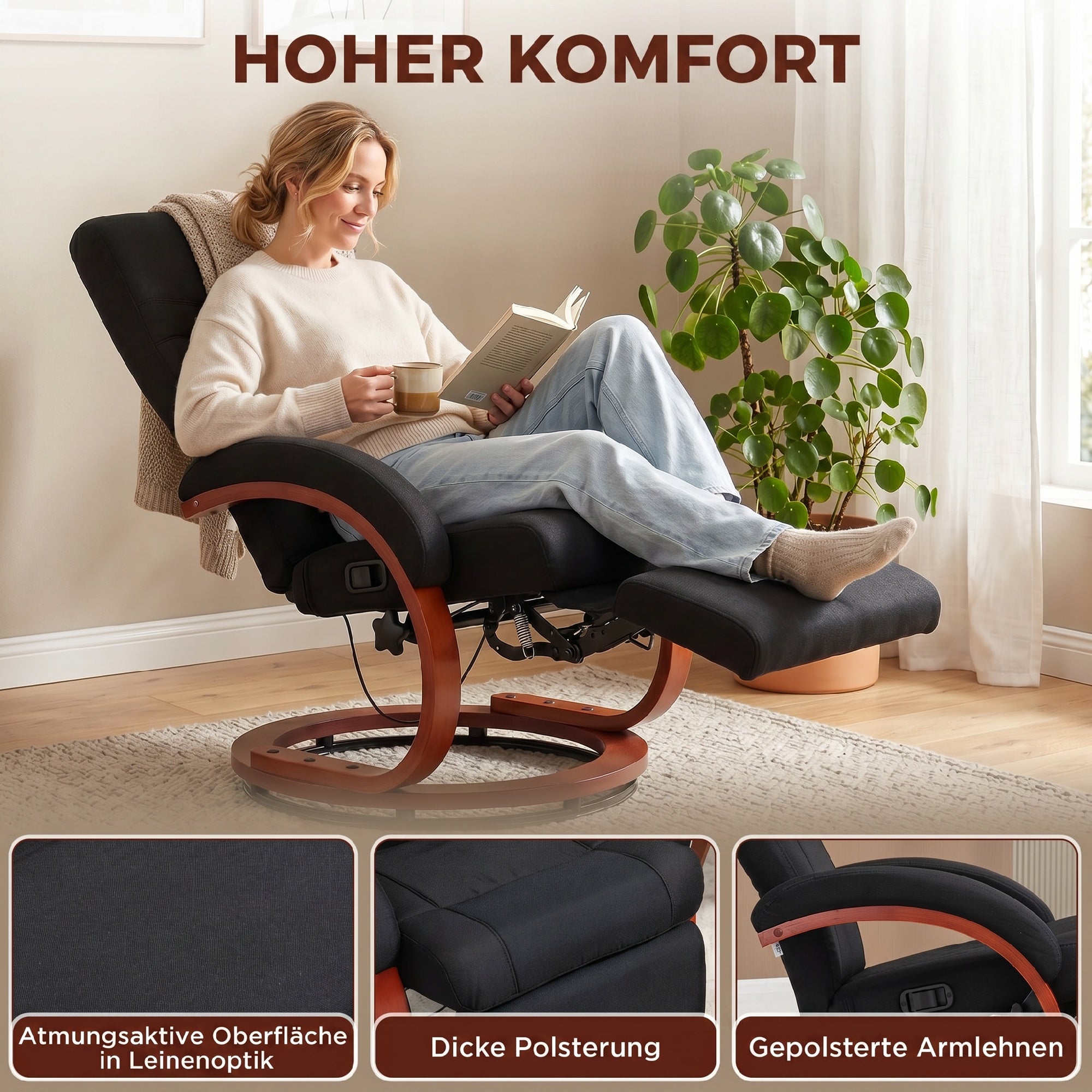 Reclining Armchair with Footrest – High-Back TV Chair, Ergonomic Armrests, Eucalyptus Wood Base, Linen-Look Fabric, Recliner for Living Room & Bedroom (Black)