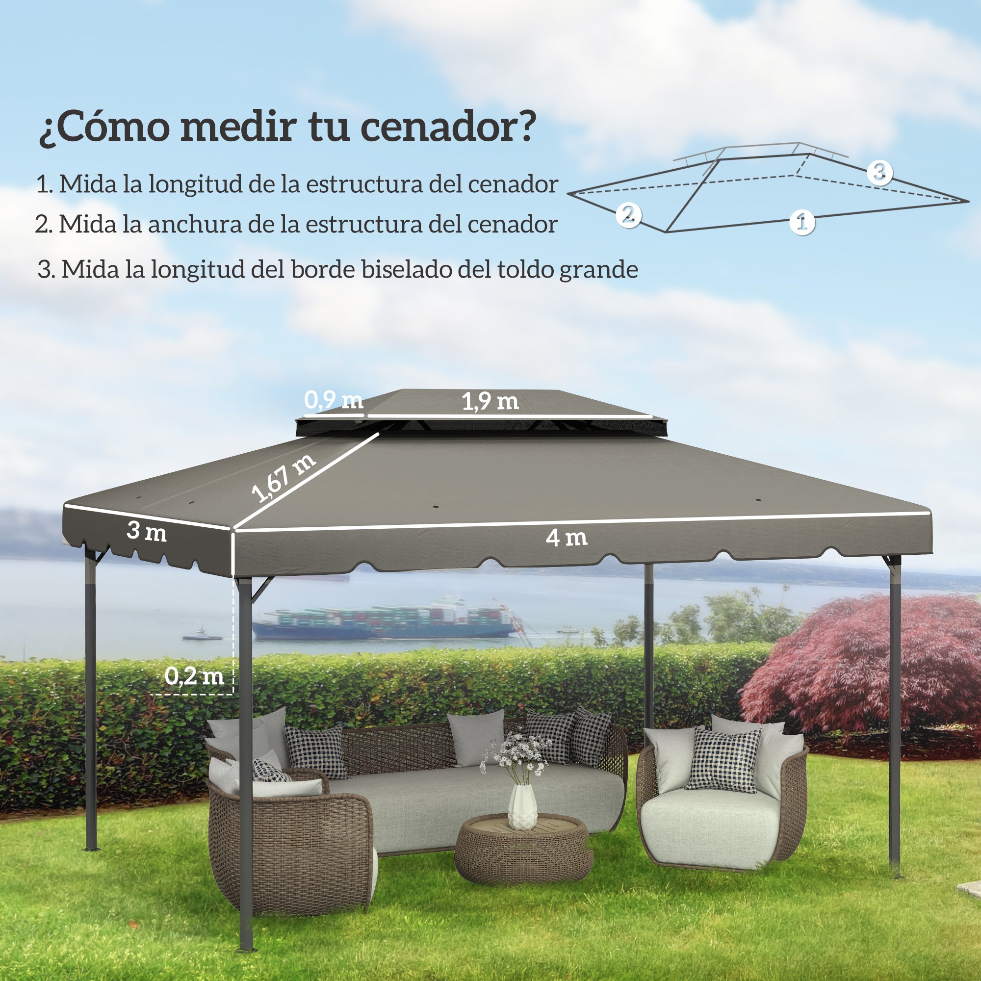 Replacement Canopy for Gazebo 4x3 m Double Roof Replacement Cover with 8 Drainage Holes Replacement Canopy for Gazebo Light Grey