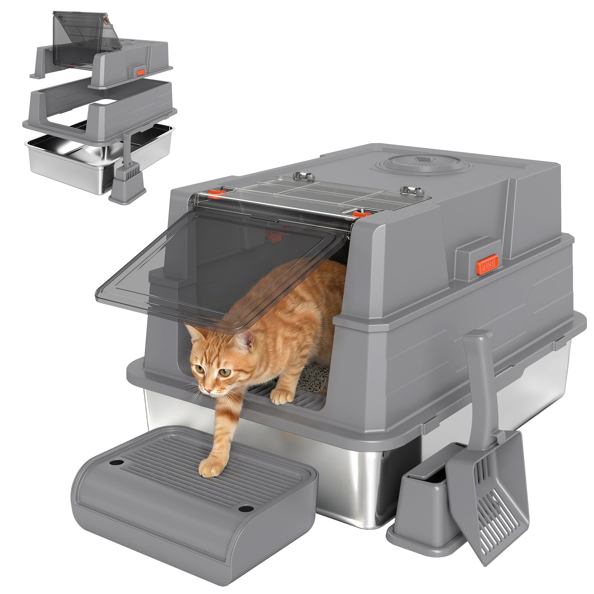XXL Stainless Steel Cat Litter Box, 130 L (≈34.3 US gal) — 180° Flip Lid, High Sides, Scoop & Step — For Up to 3 Cats (≤22 lb / 10 kg each) — 27.6 x 19.7 x 16.9 in, Gray