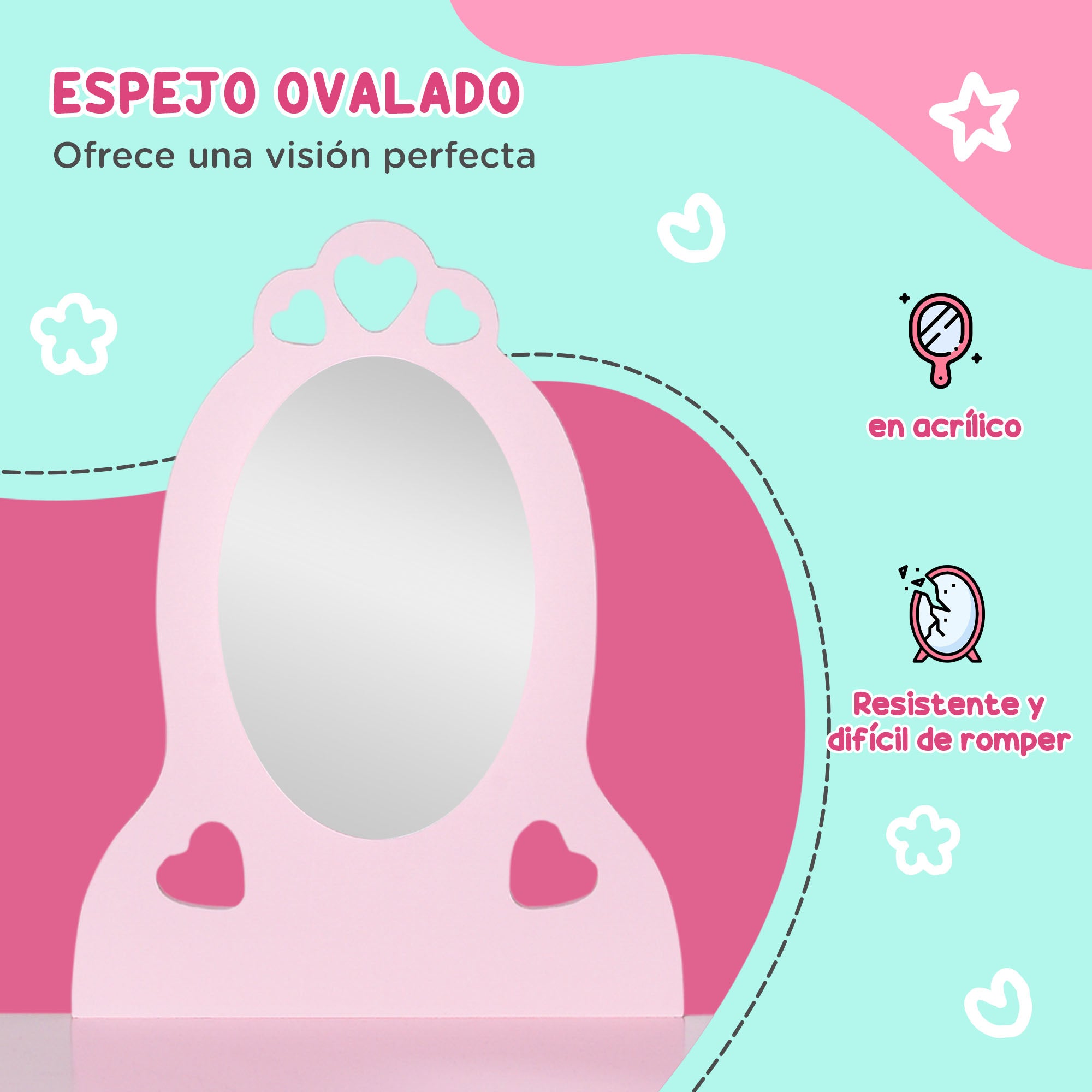 Children's Wooden Vanity Table for Girls aged 3-6 with Stool and Princess Style Mirror Makeup Table with Drawer for Bedroom 60x36x88 cm Pink