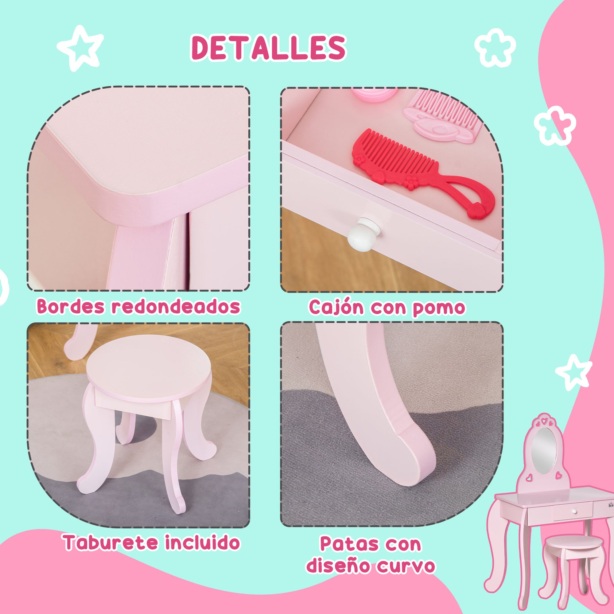 Children's Wooden Vanity Table for Girls aged 3-6 with Stool and Princess Style Mirror Makeup Table with Drawer for Bedroom 60x36x88 cm Pink
