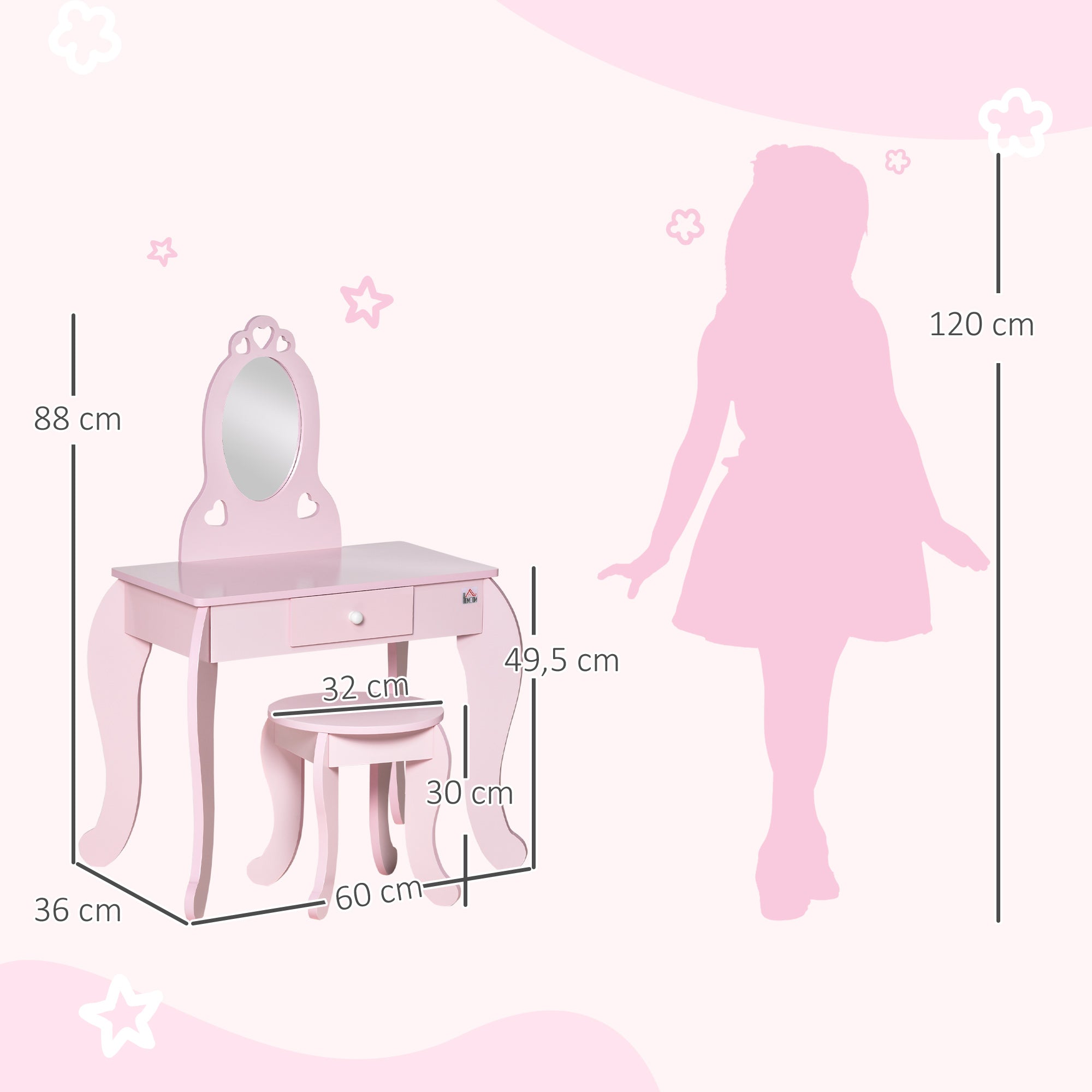 Children's Wooden Vanity Table for Girls aged 3-6 with Stool and Princess Style Mirror Makeup Table with Drawer for Bedroom 60x36x88 cm Pink