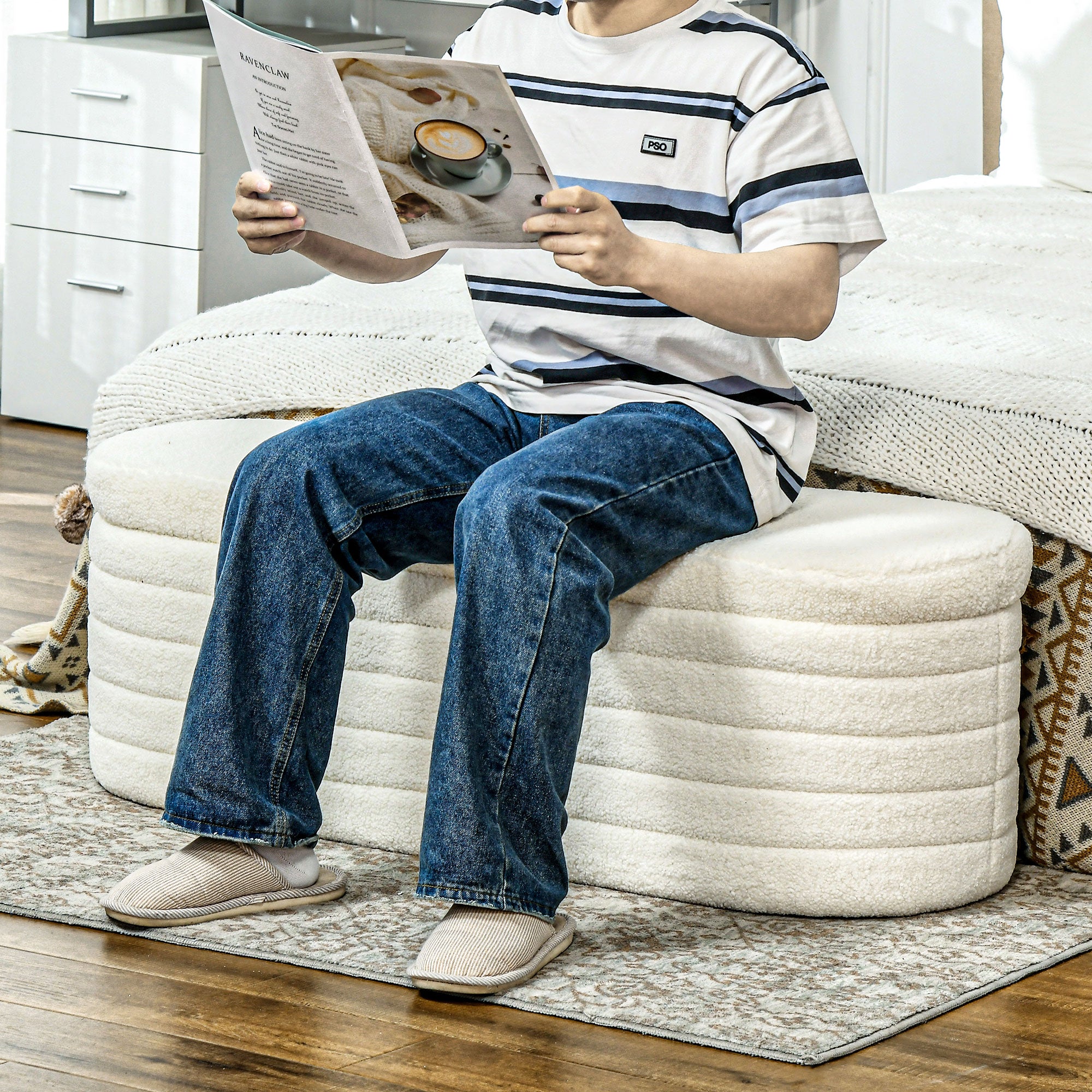 Upholstered Ottoman Bench with Storage, Teddy Fleece Look, Bed Bench with Wooden Legs, Chest Bench for Bedroom, Living Room, Hallway, 116 x 41 x 40.5 cm Cream White