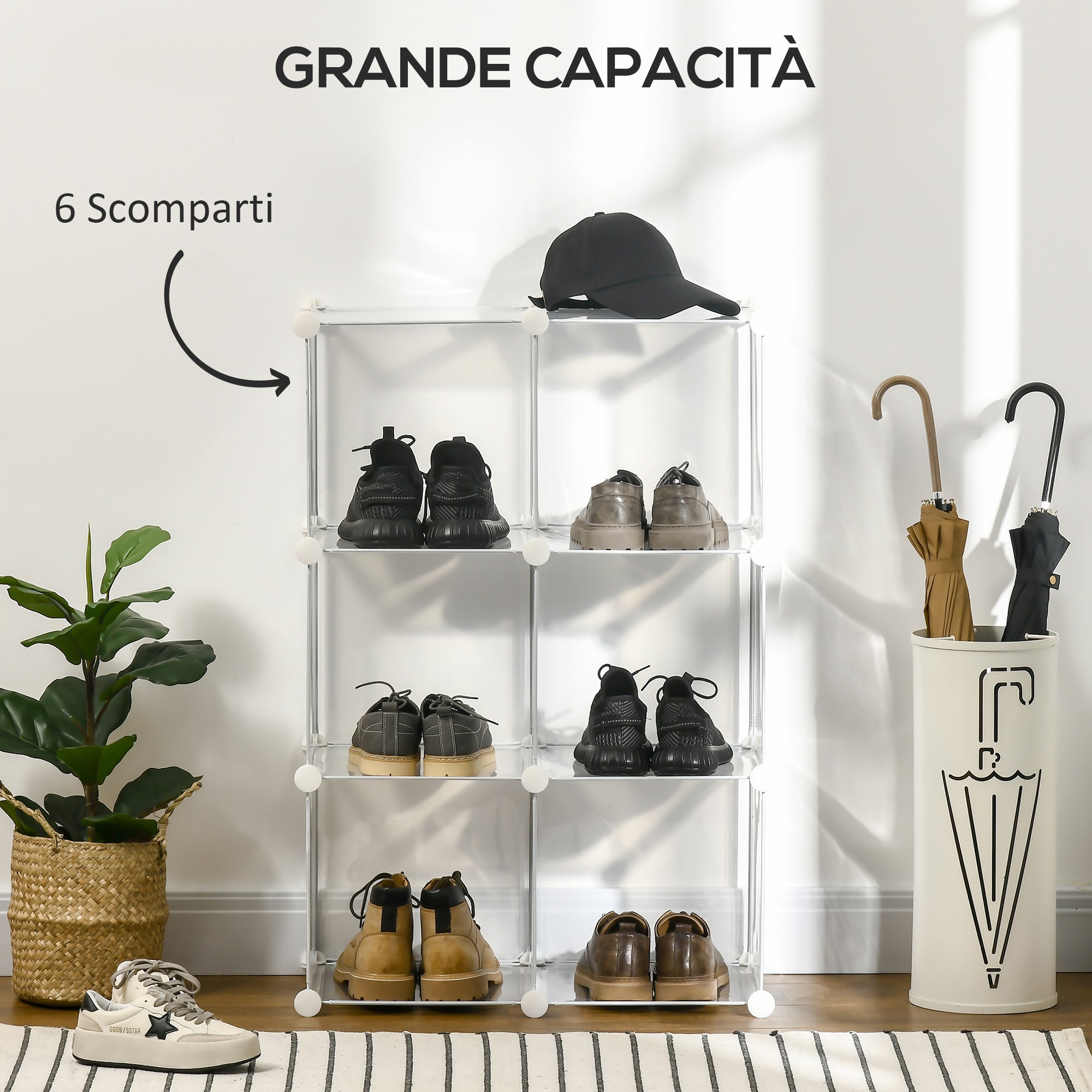 Modular Space-Saving Shoe Cabinet with Stackable Design, 6 Cubes in PP Plastic, 65x32x95cm, Transparent