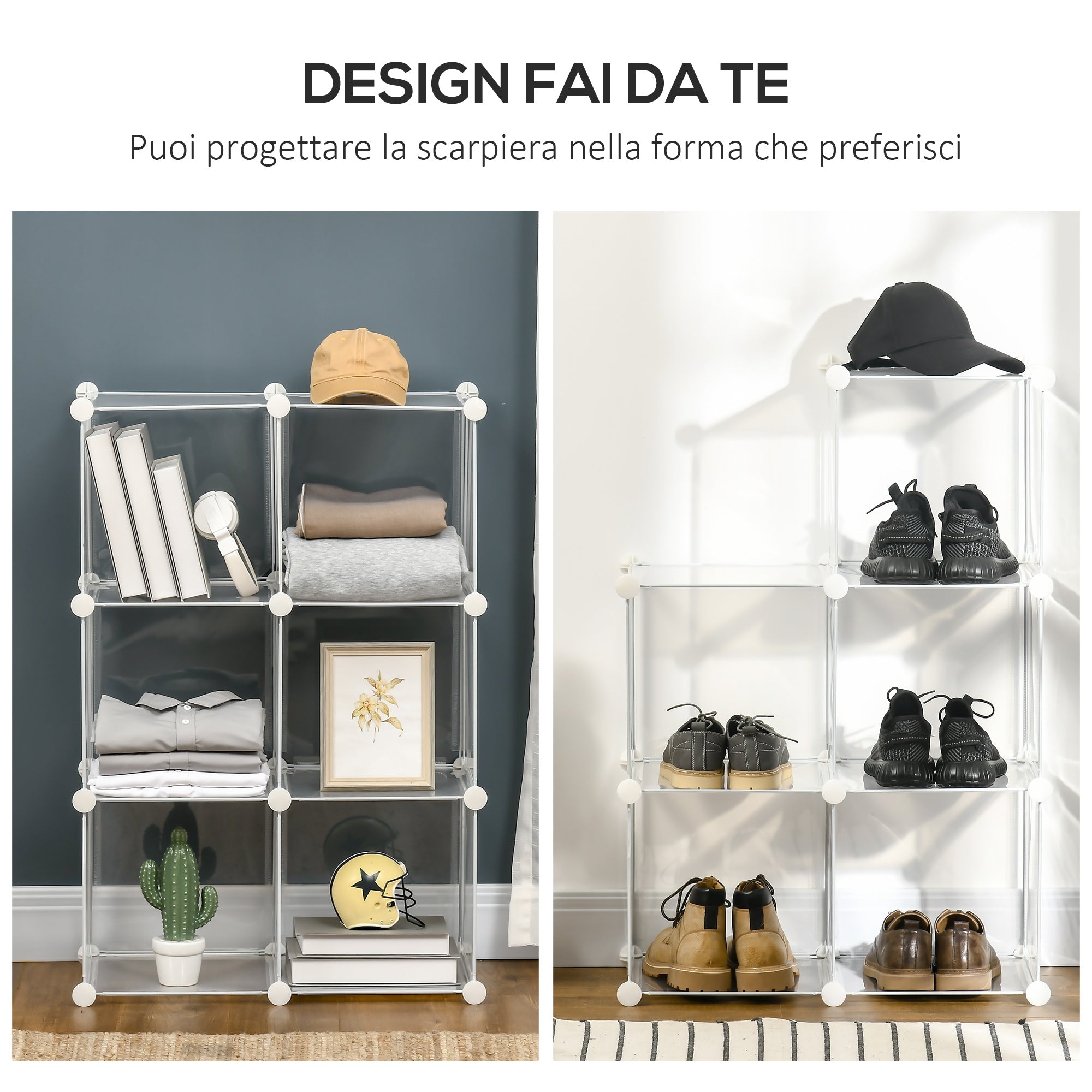 Modular Space-Saving Shoe Cabinet with Stackable Design, 6 Cubes in PP Plastic, 65x32x95cm, Transparent