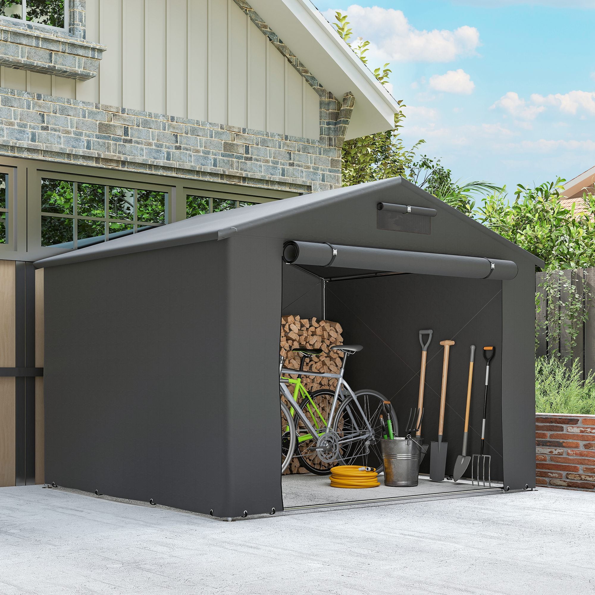 2.5 x 1.8 m (8.2 x 5.9 ft) Waterproof Garage Tent — Sloped Roof, Roll-Up Zipper Door & Vent, UV-Resistant Storage Shelter for Bikes (Dark Gray)