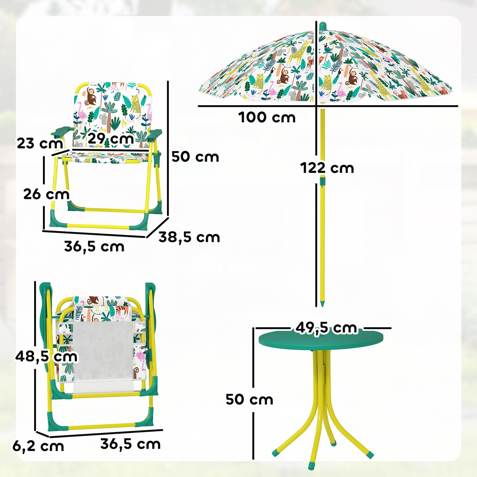 4-Piece Children's Garden Table & Chairs — Folding Kids Table with Detachable Umbrella, Jungle Design, Green