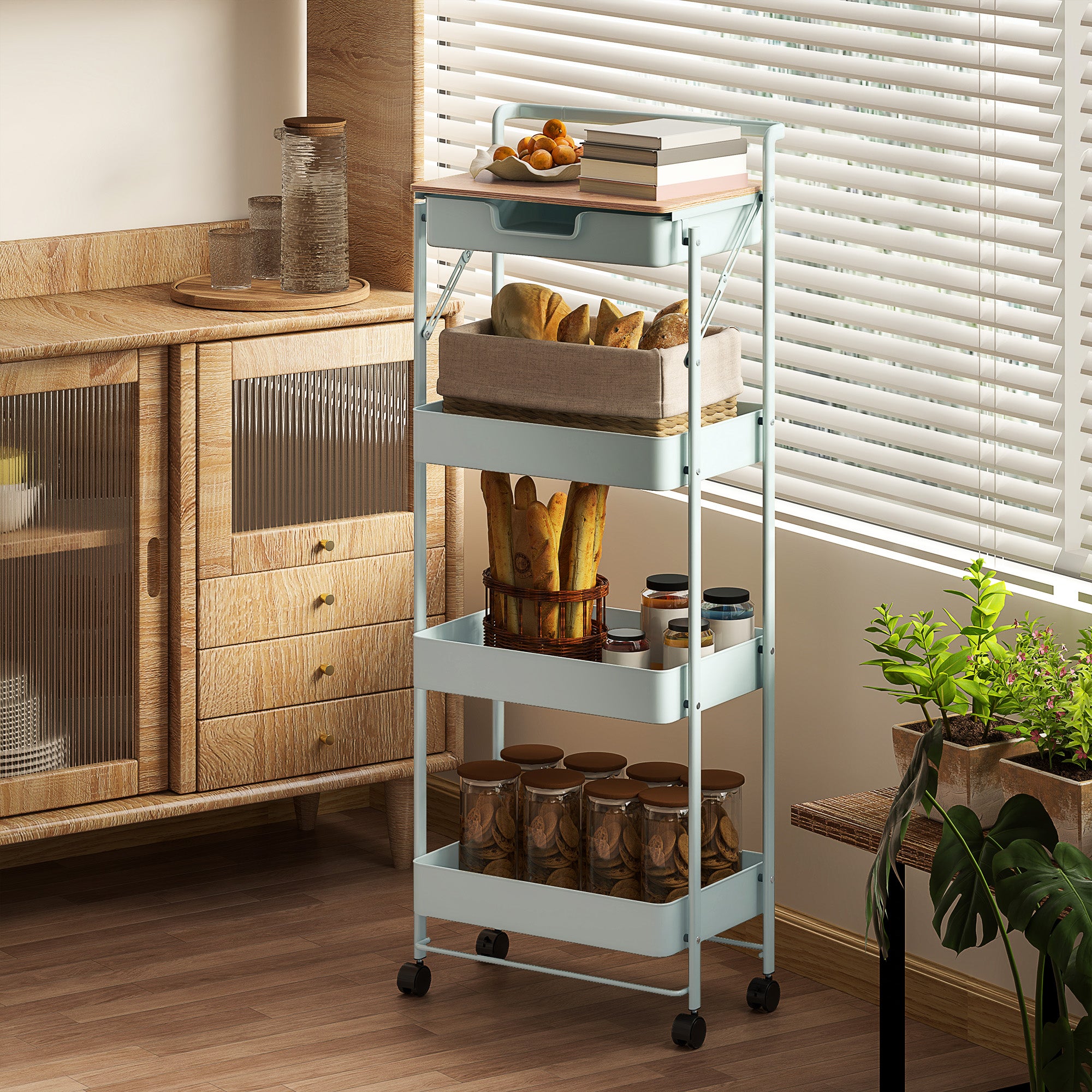 4-Tier Utility Cart with Wheels Kitchen Cart with 1 Drawer and 3 Baskets Organizer Cart for Bedroom Living Room Office Light Green